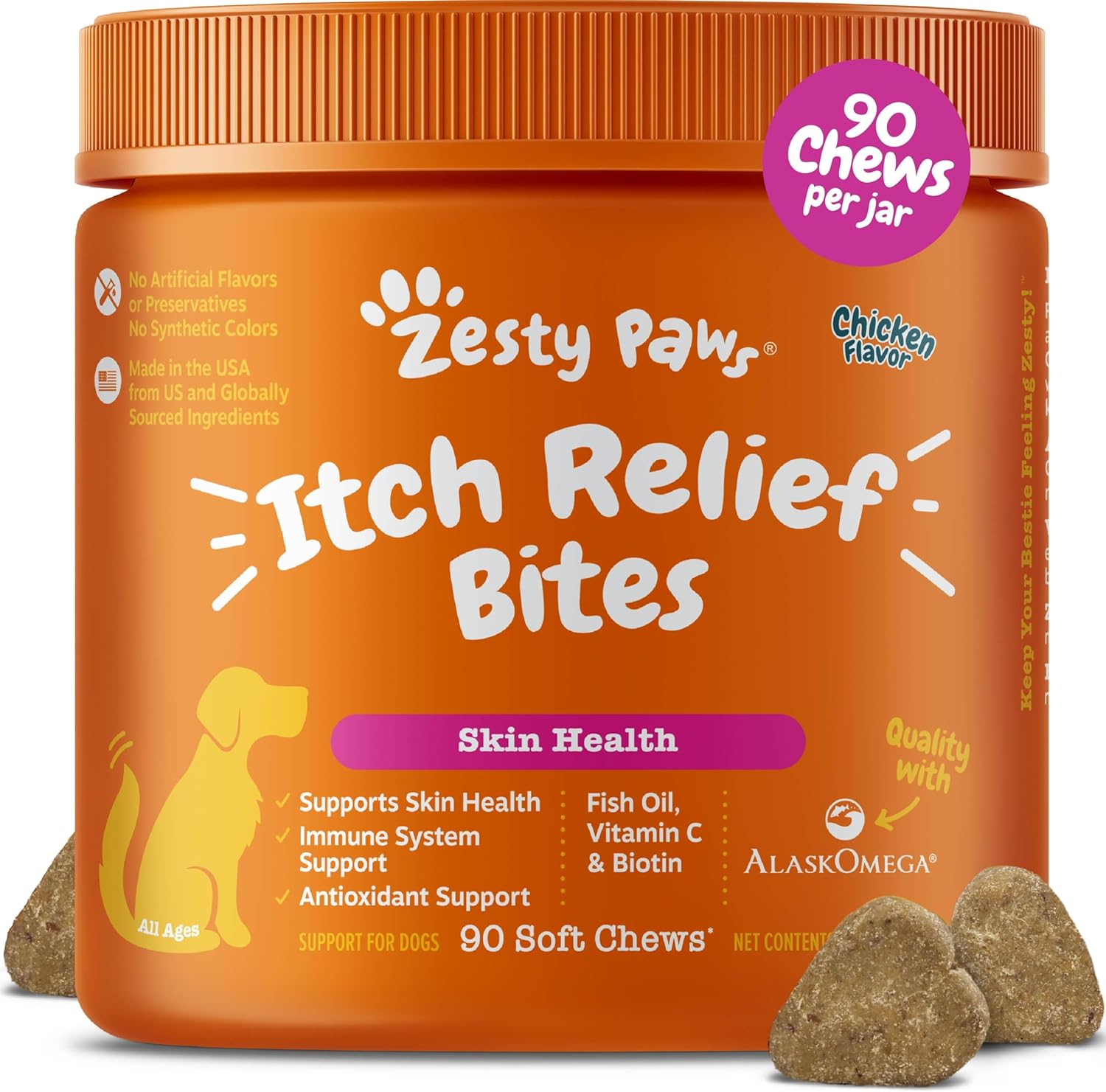 Zesty Paws Itch Relief for Dogs – Chews for Itching Skin & Coat – Omega-3 Fish Oil with EPA & DHA – Dog Allergy Relief Chews Supplement – Vitamin C & E Antioxidant Support – Chicken Flavor – 90 Count