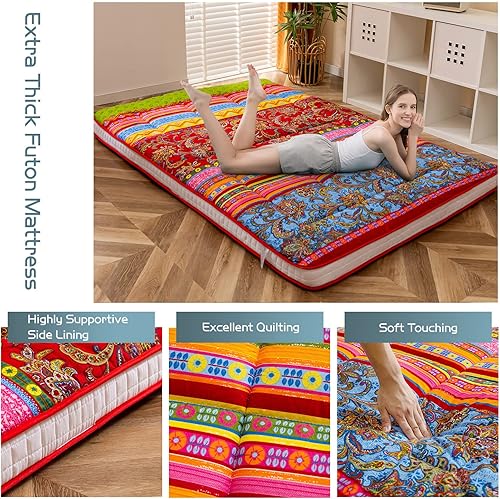 Miniatura 154 de MAXYOYO Colchón tipo futón con estampado floral, acolchado japonés, extra grueso, plegable, transpirable, tumbona para el suelo, cama de invitados
