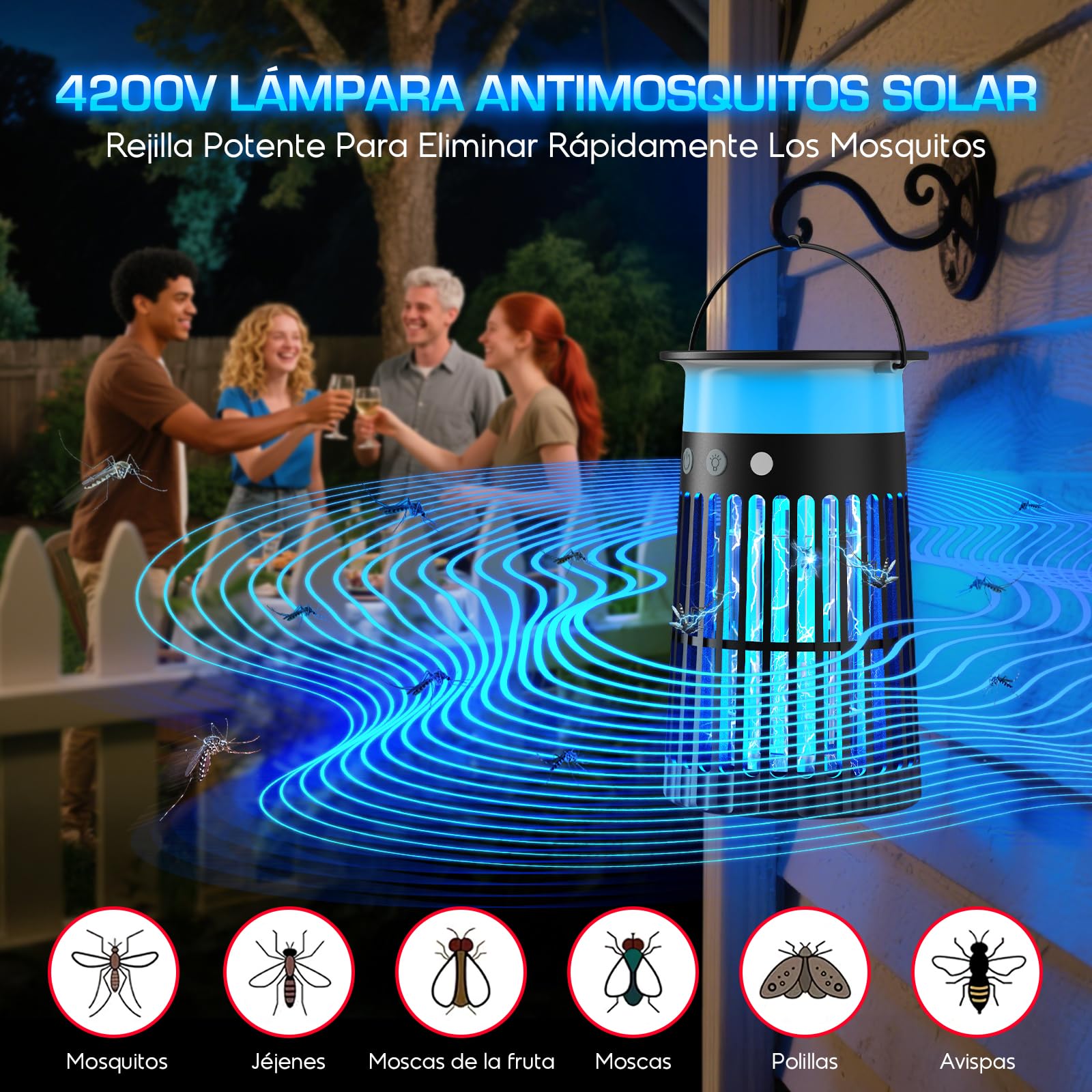 Lámpara Antimosquitos Solar de Exterior, Mata Mosquitos Eléctrico 4200V, Impermeable IPX5, Carga Solar y USB-C, Batería 4000mAh, Sin Cables para Jardín, Terraza, Balcón e Interior