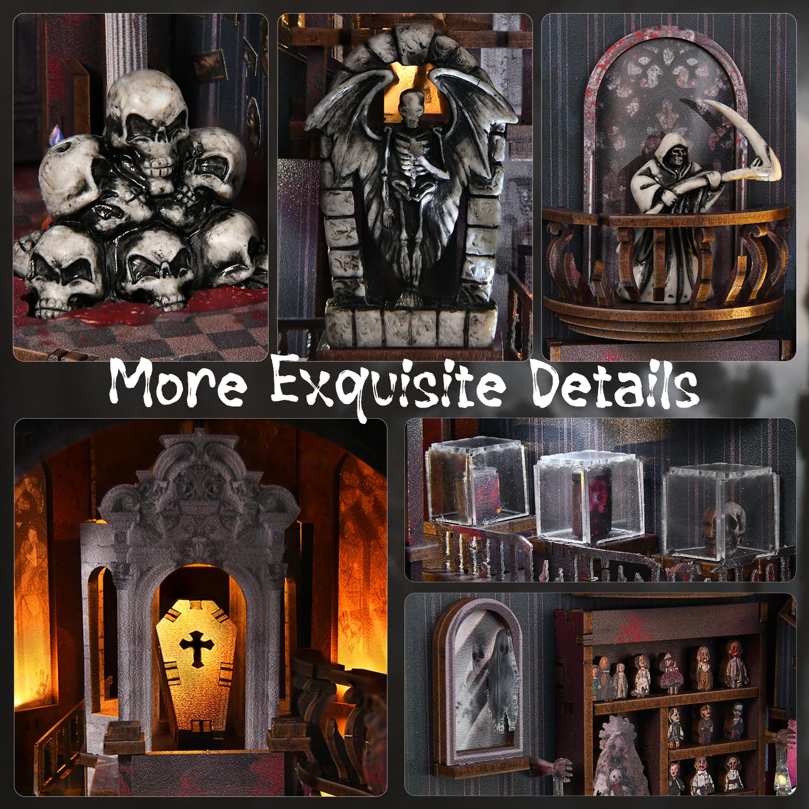 MiniCity DIY 3D Wooden Puzzle Book Nook Bookshelf Insert Decor with LED Light and Dust Cover for Teens and Adults(Haunting Relics) - Image 4