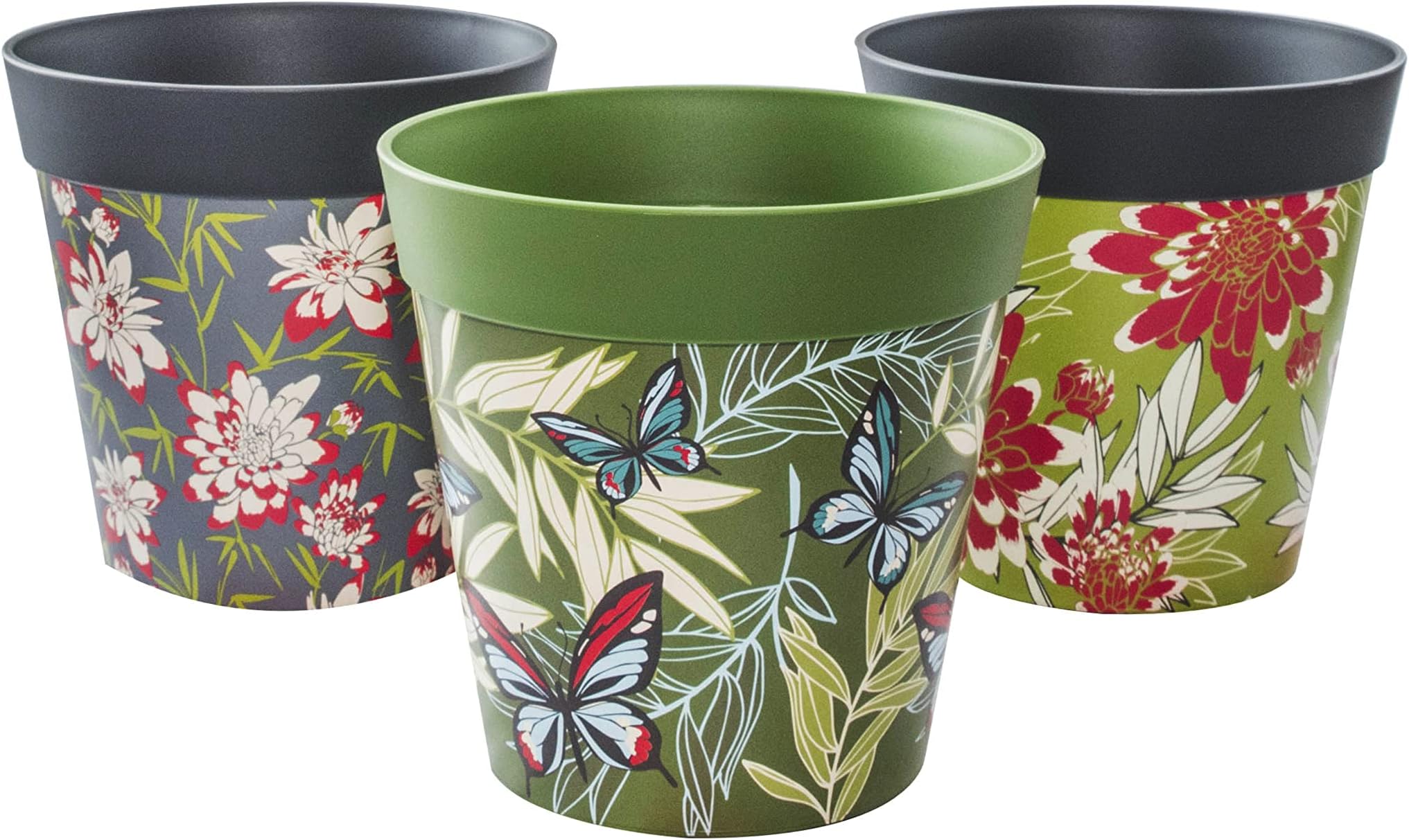 Hum Flowerpots, 15cm Set of 3, Various Patterns Colours and Sizes, Indoor/Outdoor Plastic Plant Pots, Green, Grey