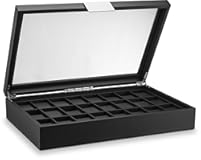 Watch Box for Men - 24 Slot Flat Luxury Display Case Organizer&comma; Carbon Fiber Design for Mens Jewelry Watches&comma; Men&apos;s Storage Holder Boasts Large Glass Top&comma;Metal Buckle & Leather Pillows-Black