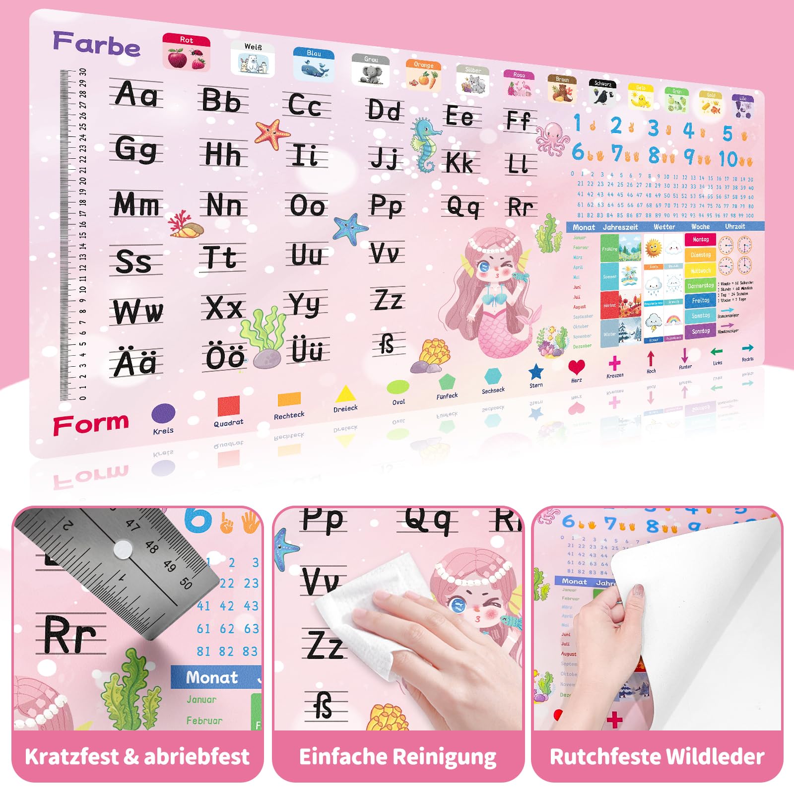 Niviy Schreibtischunterlage Kinder 80X40CM Meerjungfrau | XXL Mauspad Lernunterlage PU-Leder, rutschfest, wasserfest, abwischbar, Schreibunterlage Geschenk für Mädchen Schulanfang