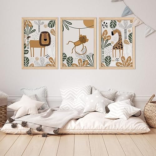 YWJKWLGS Decoración de pared de safari para bebé, 16 x 11 pulgadas, juego de 3 bonitos carteles de estampado de jirafa, mono y león, marco de madera
