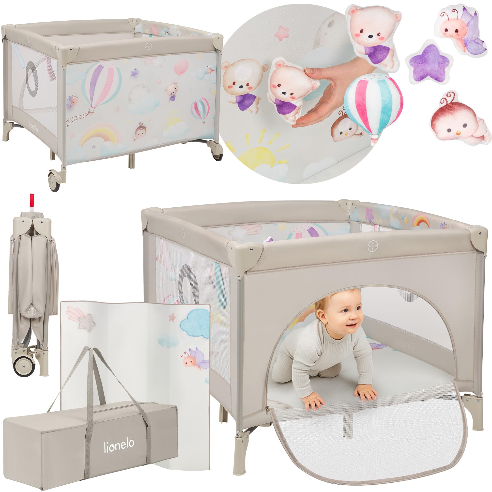 LIONELO Mille Box Bambini con Materasso Compatto 100 x 100 cm Pieghevole | Entrata Laterale, Ruote con Freno, Pareti in Rete, Borsa da Trasporto, per Bambini dalla Nascita fino a 15 kg