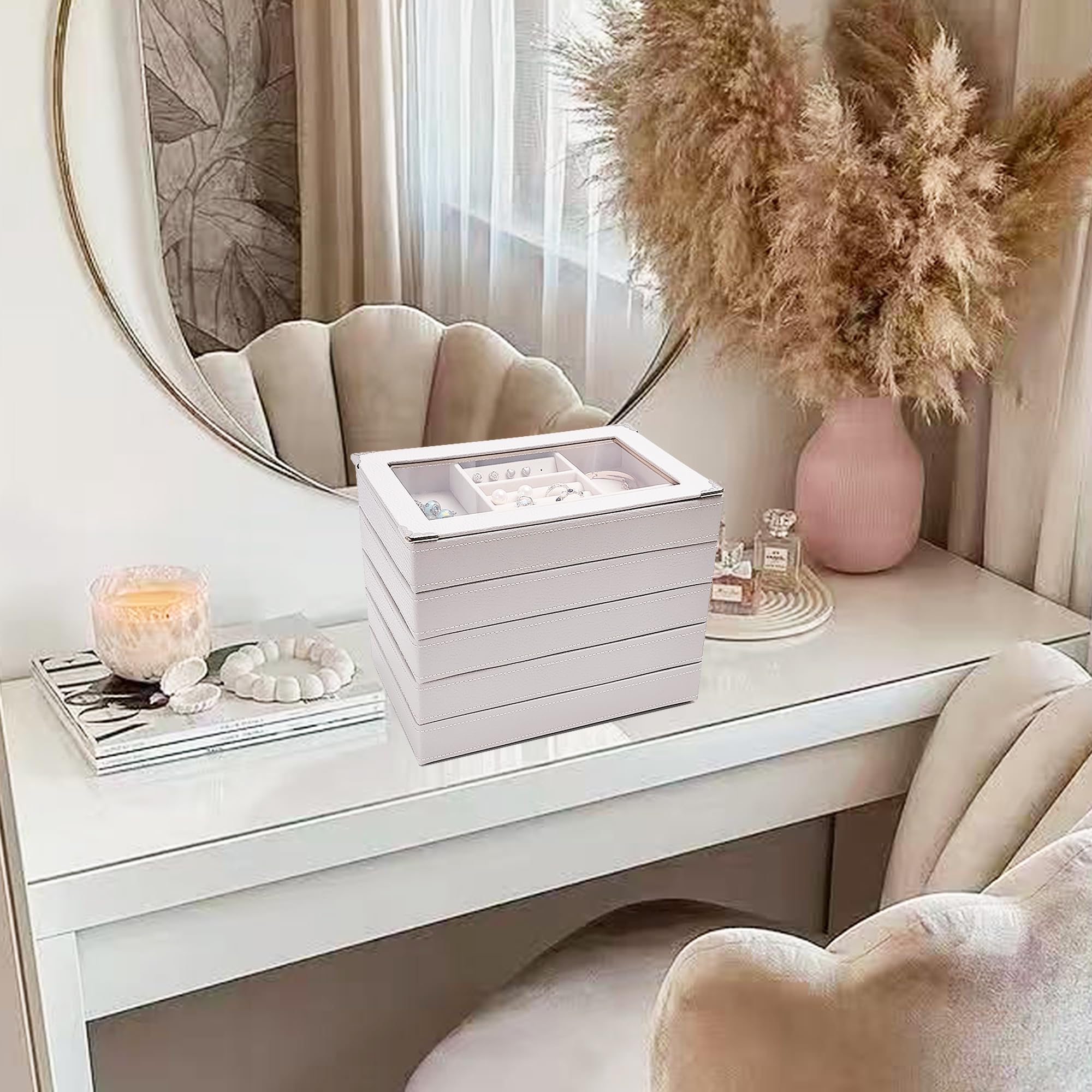 Bandeja organizadora de joyas apilable de 5 capas con tapa transparente, bandeja de exhibición de joyas para cajón, joyero grande para tocador (gris claro, Cinco capas de tapa de separación)