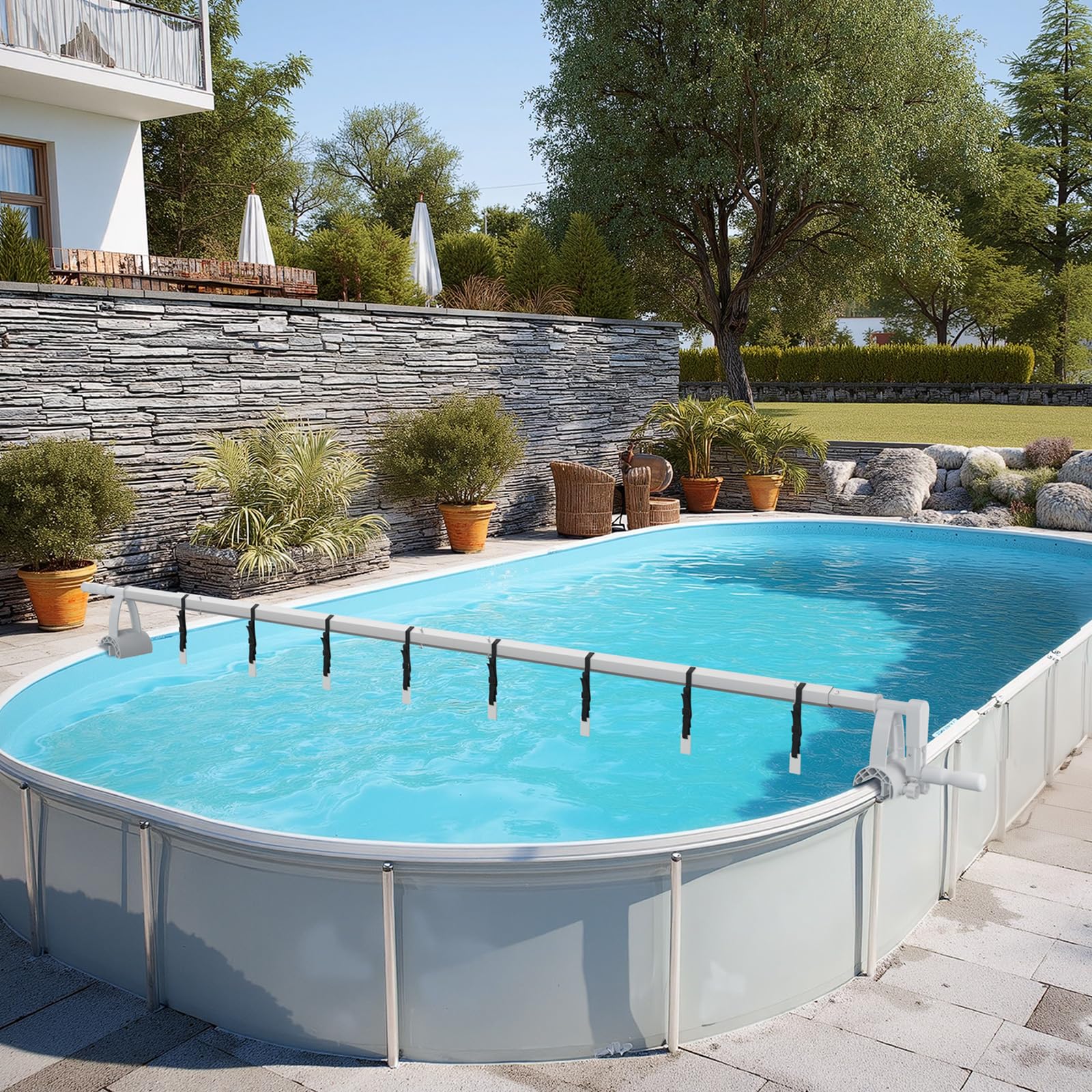 Bonnlo Aufrollsystem für Solar- und Poolplanen, Pool Aufroller bis 5,48m,Aufroller Poolplane aus witterungsbeständiges Material (ohne Rädern)
