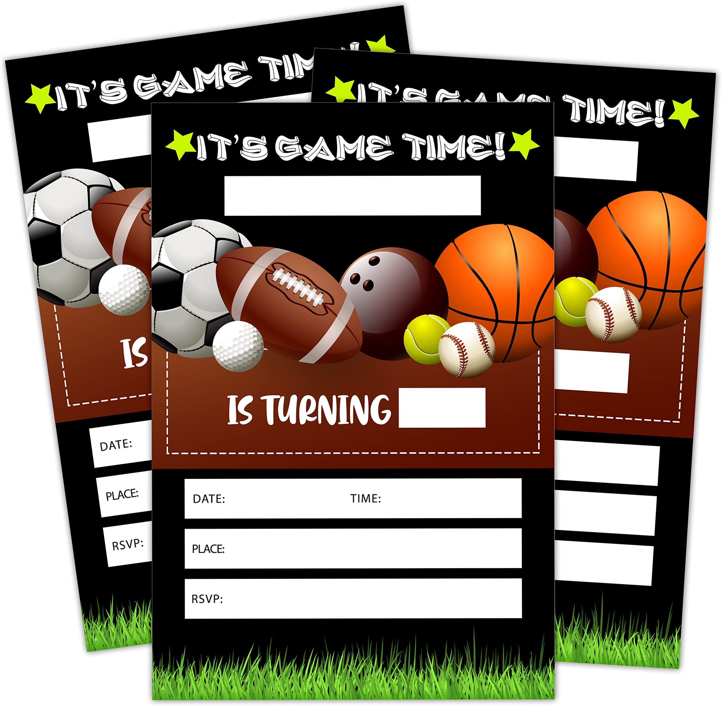 Doreen's Boutique Birthday Invitations, Sports Party Decorations, Supplies, It's Ball Time Kids Teen Birthday Party Celebration Favors for Boys or Girls - Pack of 20 Cards with Envelopes (008)