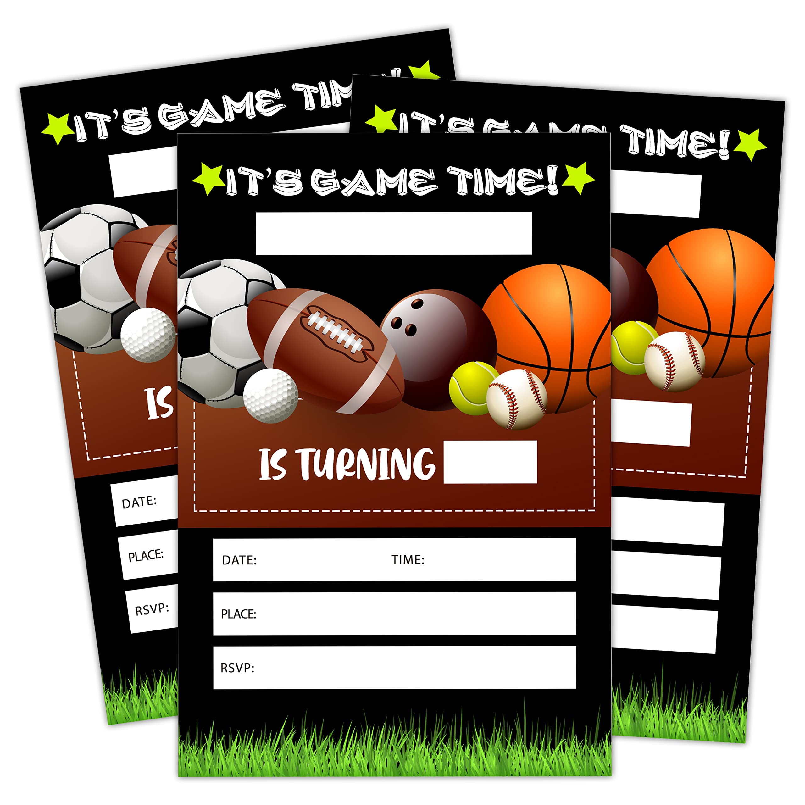 Doreen's Boutique Birthday Invitations, Sports Party Decorations, Supplies, It's Ball Time Kids Teen Birthday Party Celebration Favors for Boys or Girls - Pack of 20 Cards with Envelopes (008)