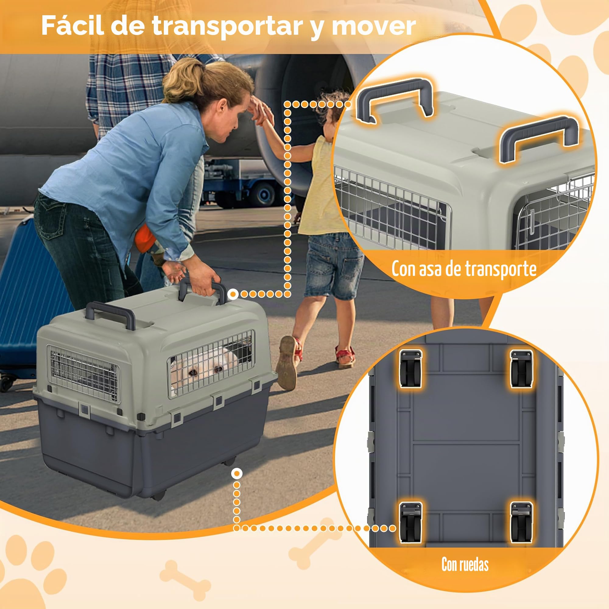 Froadp Transportbox para mascotas, perro, gato, caja de plástico PP, 67 x 51 x 58,5 cm, caja de transporte para gatos, caja de transporte para perros con ruedas, espaciador de orina y cuencos