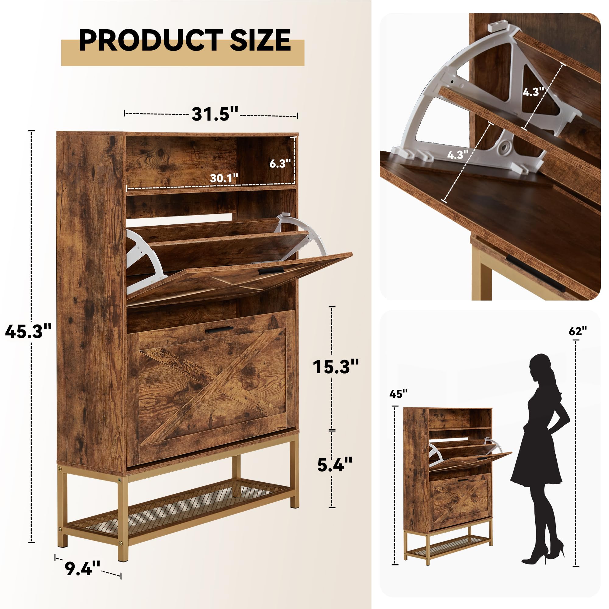 HOMREST Shoe Cabinet with 2 Flip Drawers,Freestanding Shoe Cabinet Organizer with Open Storage,Shoe Storage Cabinet for Entryway,Narrow Shoe Rack Cabinet with Metal Base (2, Rural Brown)