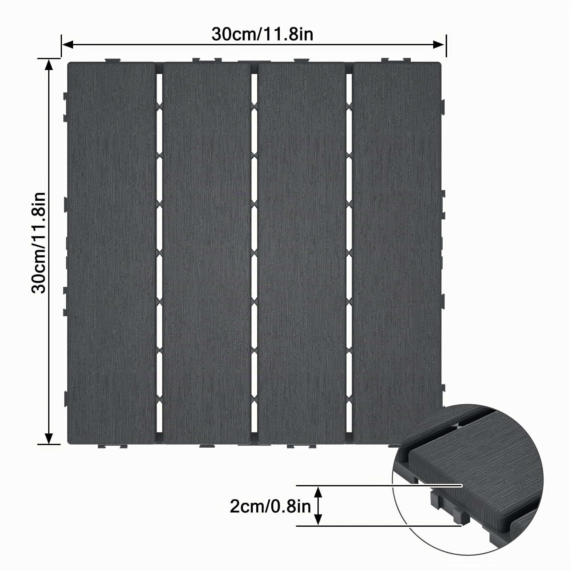 UISEBRT Lot de 44 dalles de terrasse à clipser, avec aspect grain de bois, résistantes aux intempéries, avec fonction de drainage, 30 x 30 cm, anthracite