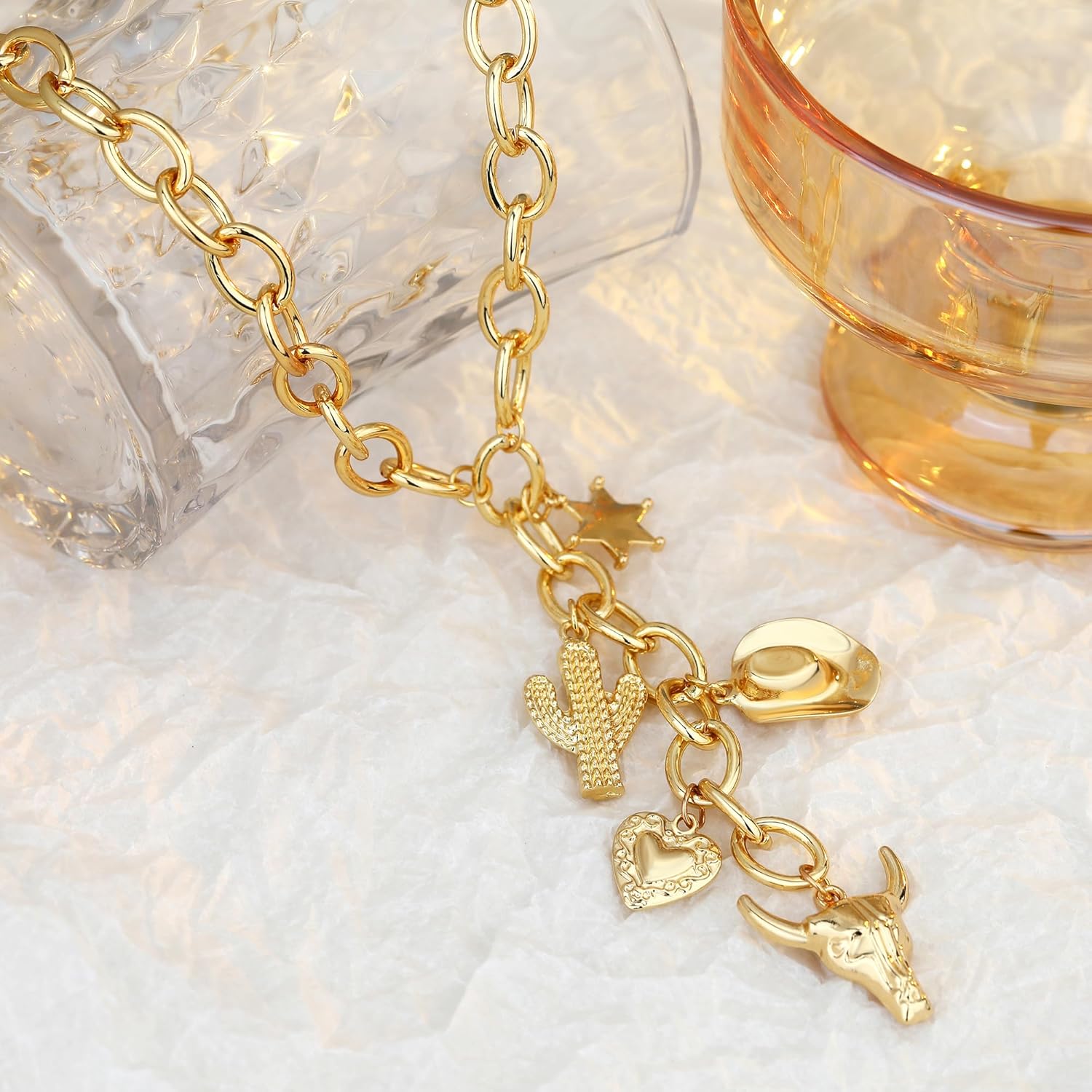 Gold Charm Necklace for Women Western Jewelry, Boho Horseshoe Pendant Cowgirl Cowboy Boots Hat Bull Head Cactus Charms Dainty Paperclip Chain Choker Necklaces