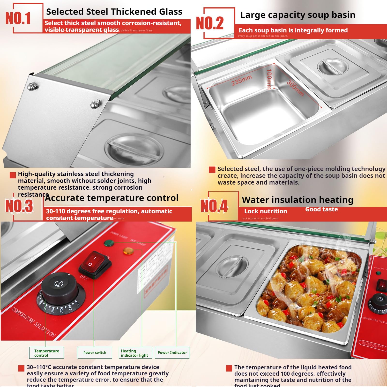 Calentador de alimentos eléctrico comercial, servidor de buffet de 1500 W con tapas para catering, temperatura ajustable de 30 a 110 ℃, calentador de sopa de acero inoxidable para fiestas