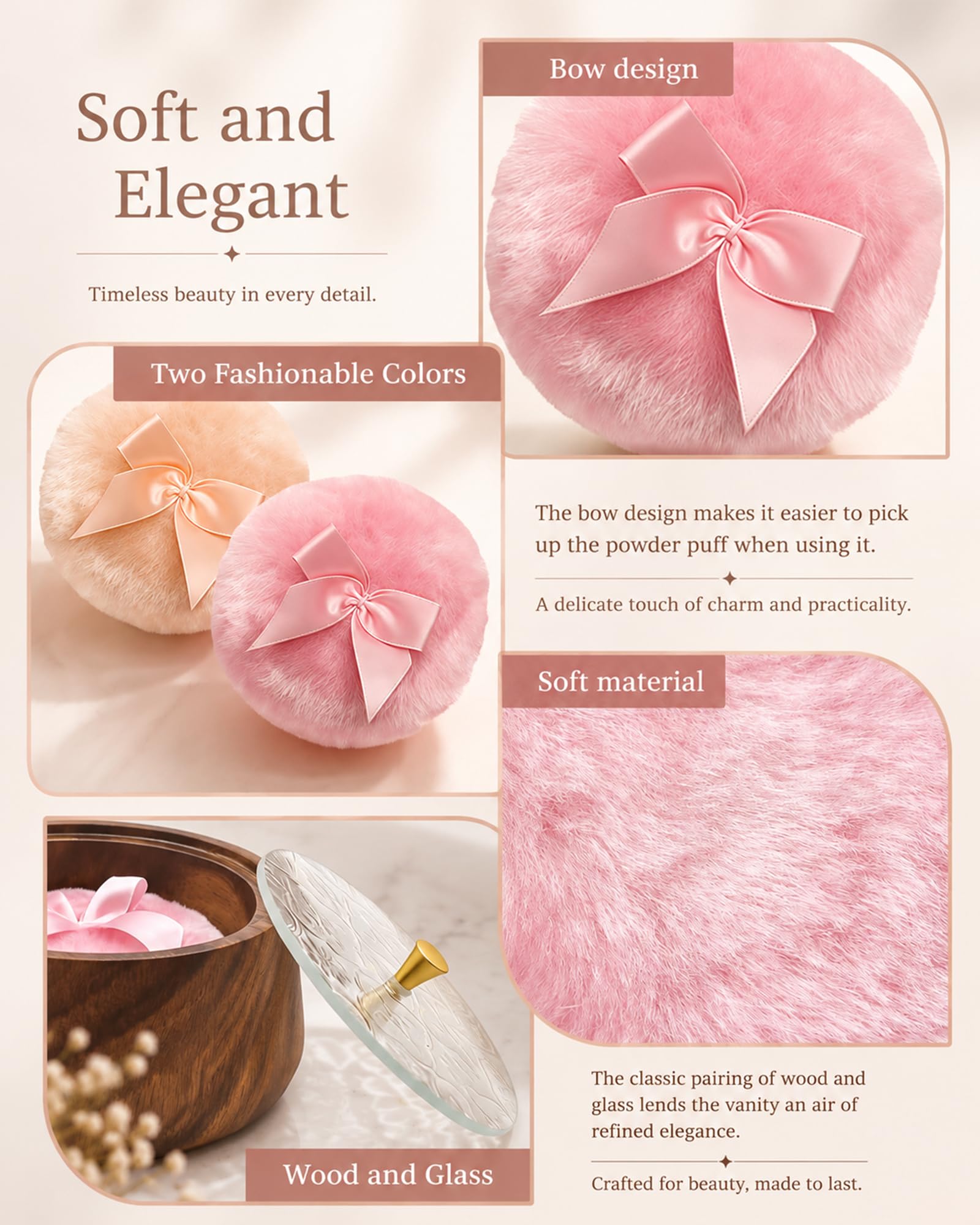 Large Wood-Grain Body Powder Container with 2 Washable Puffs
