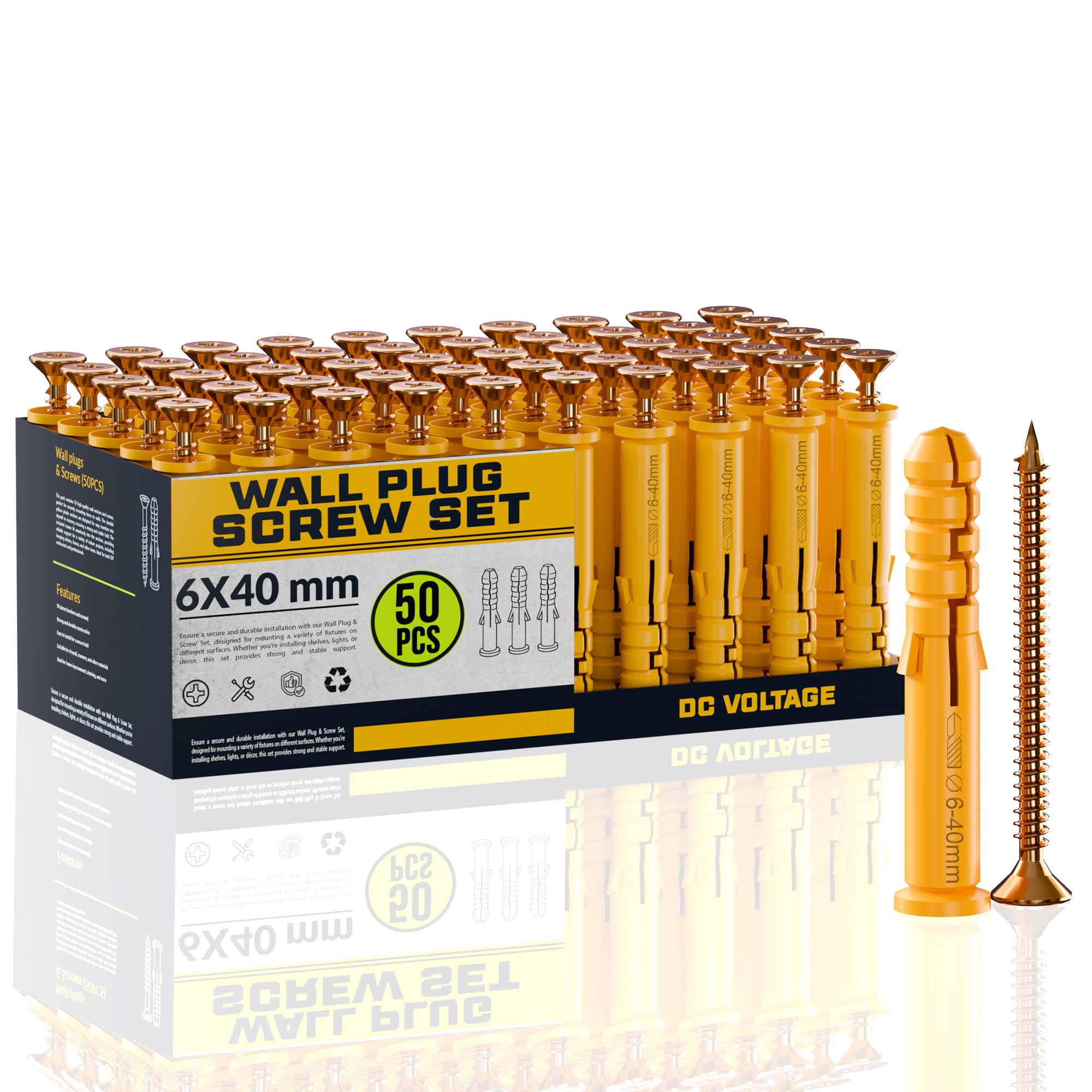 DC VOLTAGE 50 Pcs Wall Plugs and Screws Set 6 x 40mm Concrete Fixings Screws and Wall Expansion Anchors Plugs Kit Wall Hanging Mounting TV Mount Drywall Self Tapping Screw Wall Plug