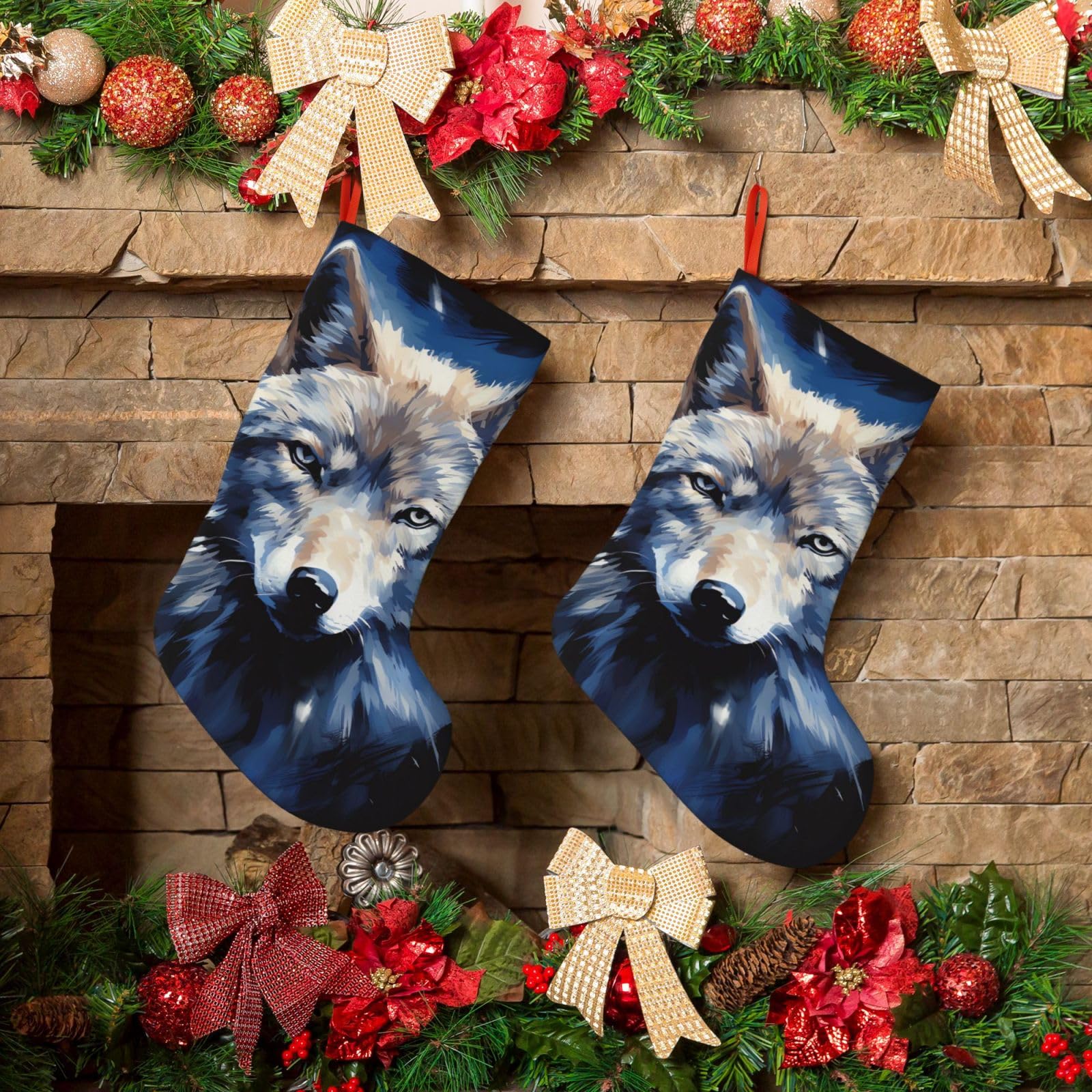 KLOPH Christmas Stockings 18" Personalized Xmas Stocking Wolf Head Decoration Stockings Hanging Ornaments Fireplace Stocking for Holiday Xmas Tree Christmas Decor