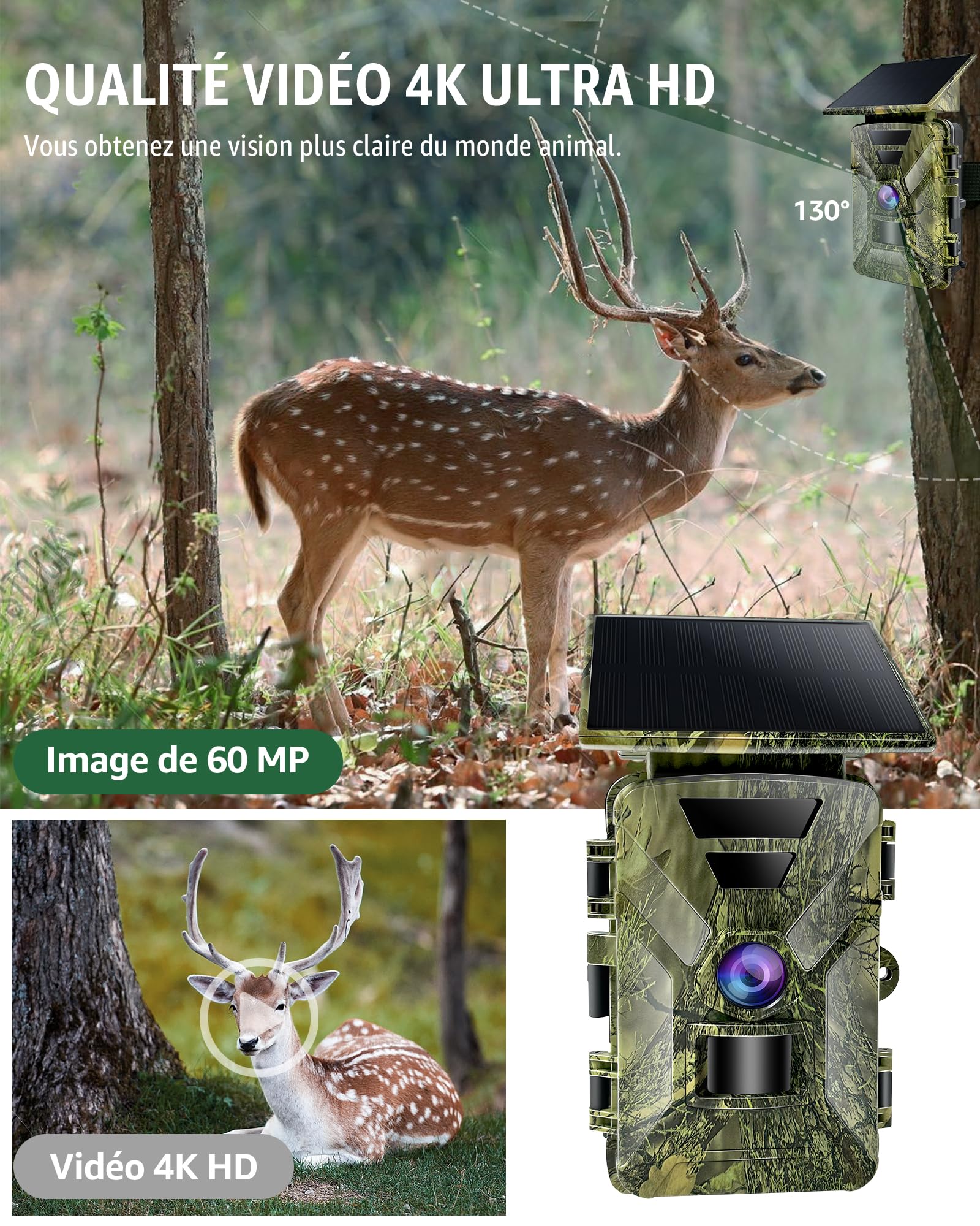 HAZA Caméra de Chasse Solaire Wi-Fi 4K HD, 5000mAh Batterie Rechargeable, Détecteur de Mouvement, Vision Nocturne Animaux avec Carte SD 32G