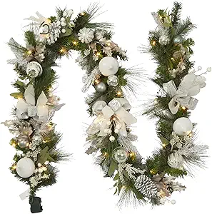 GarveeHome Prelit Christmas Garland for Mantle, 9 Ft Battery Operated Xmas Garland with Lights Silver White Ball Ornaments Pine Cones for Fireplace Front Door Stairs Railing Indoor Outdoor Decor