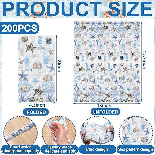 Miniatura 2 de Jetec 200 servilletas de papel de mar, toallas de papel de verano para baño, diseño de estrella de mar azul marino, desechables, servilletas de
