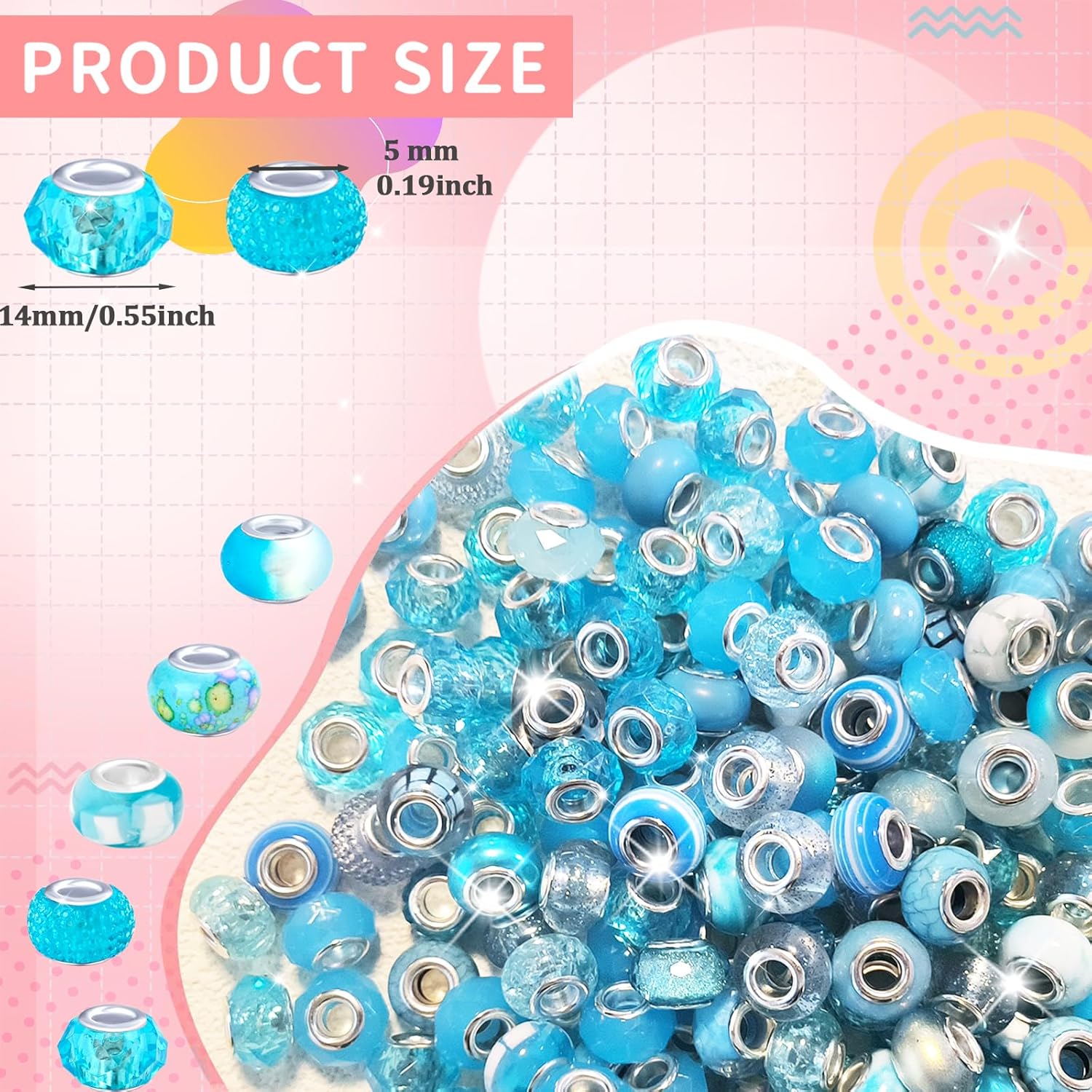 Large Hole European Beads for Pens - 100 Pieces Assorted Lake Blue Fairy Wand Garden Lampwork Craft Spacer Beads for DIY Bracelet Necklace Decoration Jewelry Making Supplies - Image 2