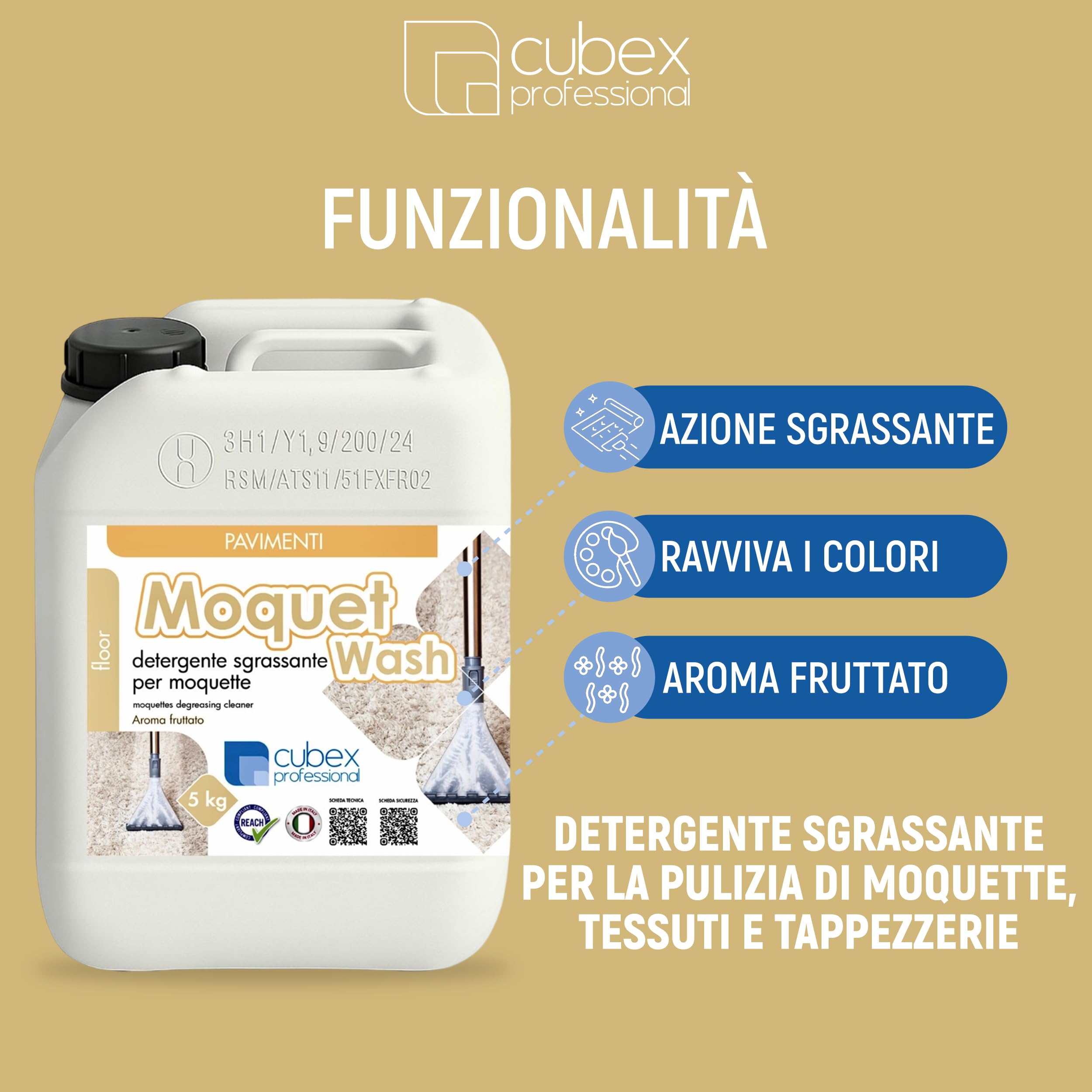 Cubex Professional Moquet Wash 5 L – Nettoyant parfumé pour tapis, tissus et tissus d'ameublement – Dégraissez, Ravive les couleurs et Parfume Moquette, Auto, Sièges, Fauteuils, Canapés