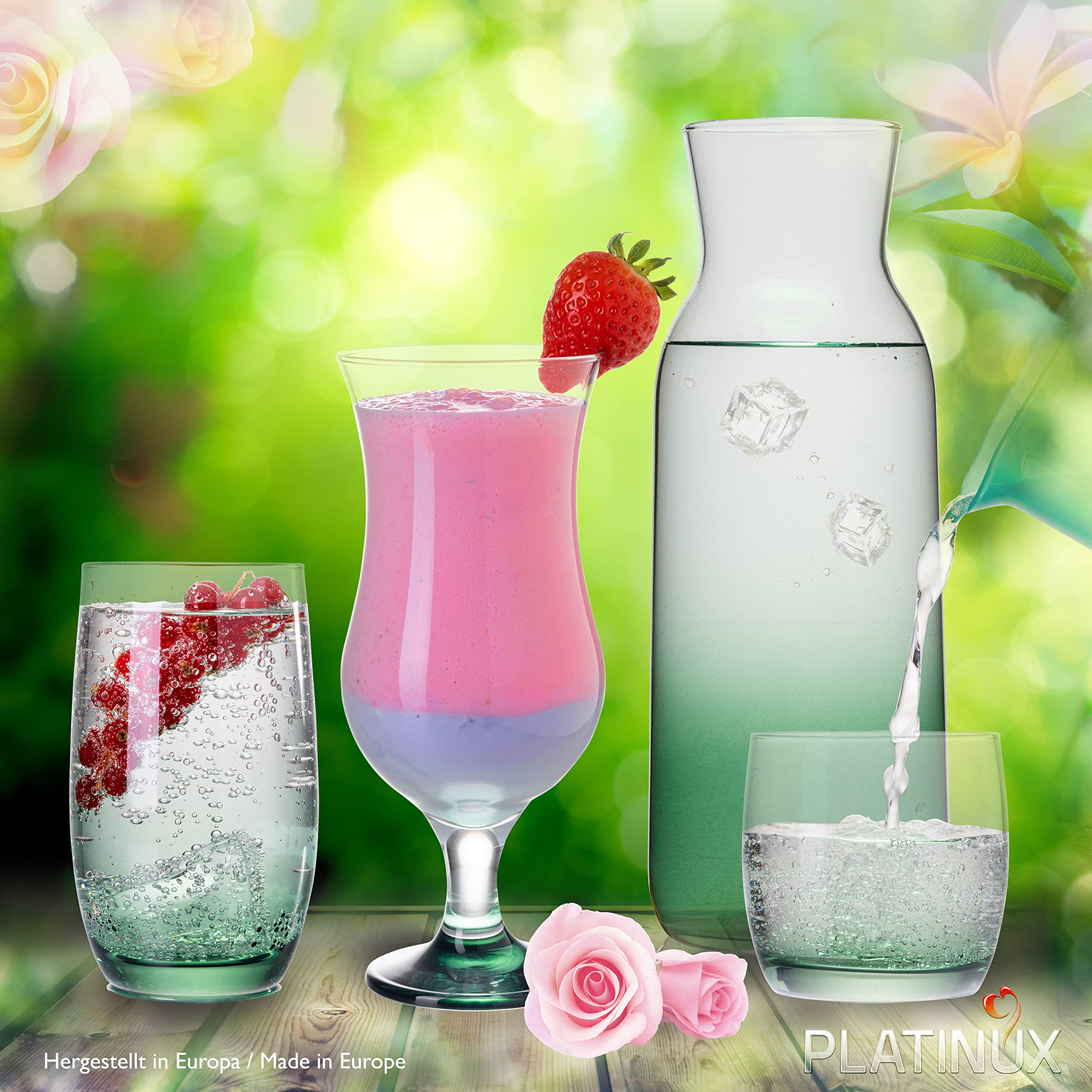 PLATINUX Juego de vasos y jarra con efecto ombré verde, 19 piezas de cristal, jarra de agua, vasos de cóctel