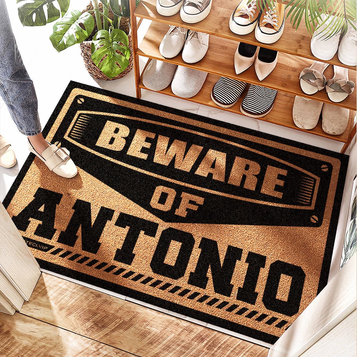 Grand paillasson d'entrée extérieur et tapis de bienvenue lourd Beware Of Antonio 65 x 90