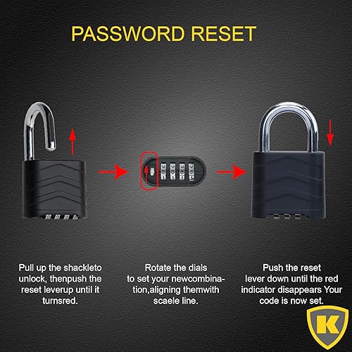 Miniatura 5 de Candado combinado para exteriores, 2.2 pulgadas, 2.205 in, ligero, resistente a la intemperie, 4 digitales, cuerpo de aluminio de seguridad, para