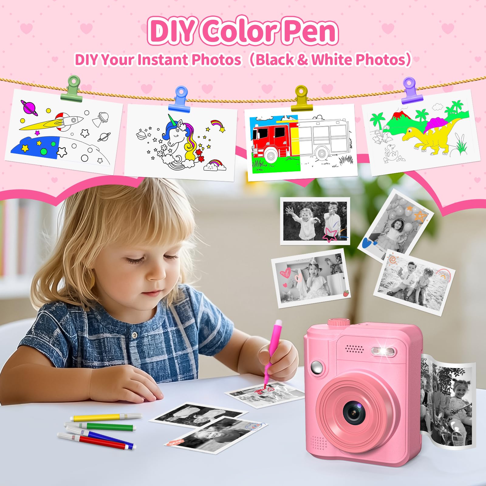 Gofunly Appareil Photo Instantané Enfants, 1080P Appareil Photo Numérique Enfant & Caméra Vidéo avec Carte de 32GB & 5 Rouleaux de Papier d'impression, Cadeaux pour Garçons & Filles de 3-12 Ans(Rose)