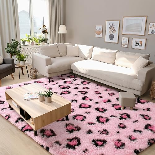 Living Room Area Rug - 6x9 Kids Room Fluffy Bedroom Pink Leopard/Cheetah Print Fuzzy Nursery Rug for Girls & Boys - Modern Faux Fur Washable Carpet - 6' x 9' (Rectangular) - Pink / Hot Pink