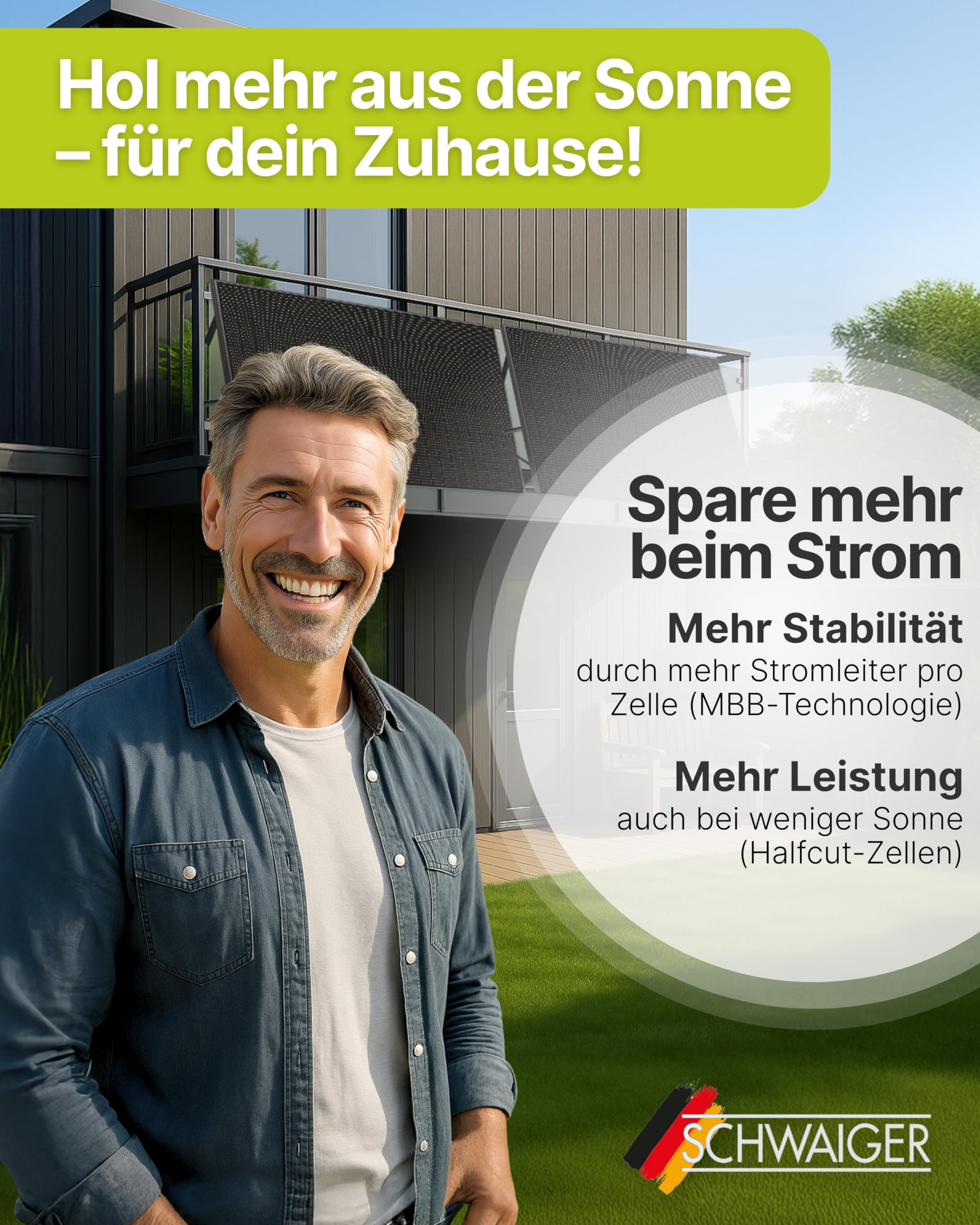 SCHWAIGER Balkonkraftwerk 2er Set mit Full Black Solarpanels 1000Wp I 2×500Wp Solarmodule inkl. Alu‑Ständer, 800W WiFi‑Wechselrichter & 5m Kabel I Plug & Play Solaranlage für Balkon & Garten
