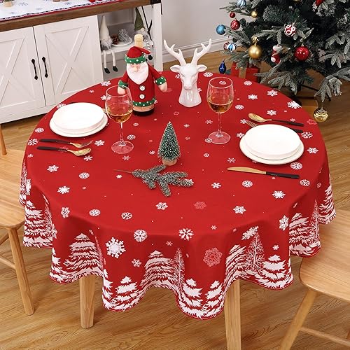 Miniatura 3 de ROYGROW Mantel de Navidad rojo con estampado de copo de nieve y pino mantel festivo y elegante para decoración navideña. Cuadrado de 60 x 60 pulgadas