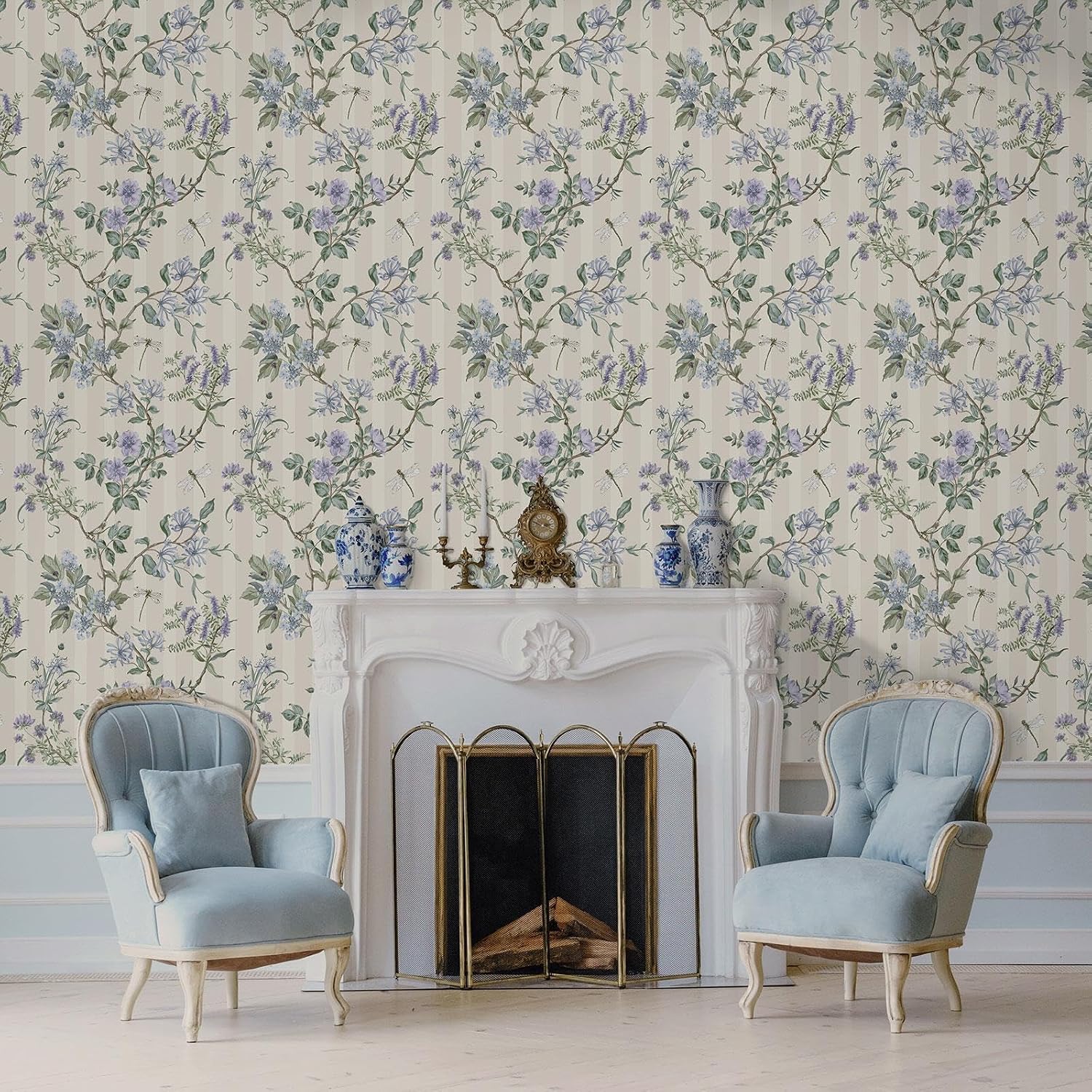Hampton Gardens Floral and Animal Printed Classic Stripe Wallpaper Ideal for Bedrooms, Living Rooms Cozy Lounges Soft Neutral/Blue Holden 13911