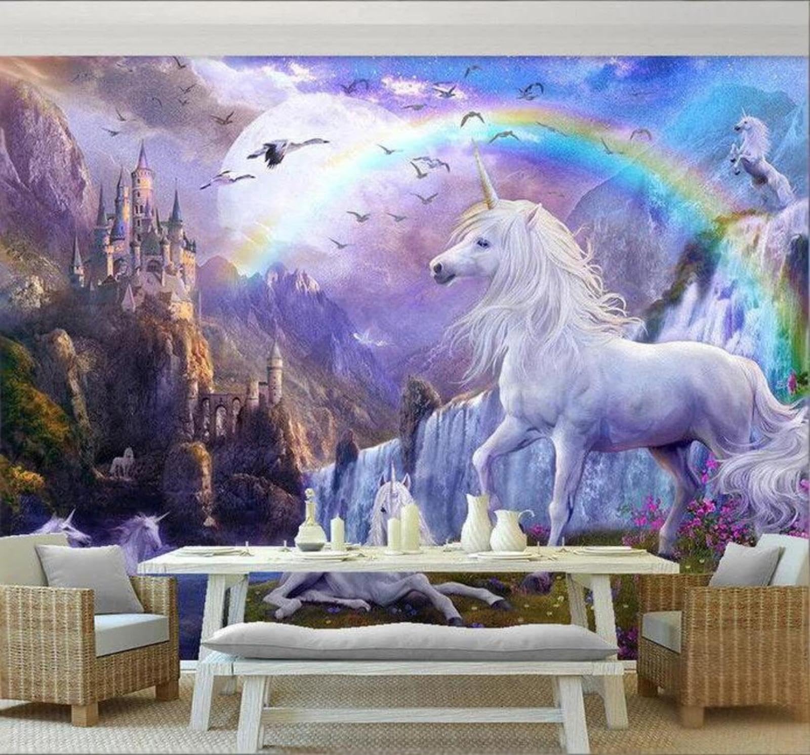 Cartoon Fantasy Castle Rainbow White Horse Landscape 3D Wallpaper Easy Install Feature Office Living Room Sofa Bedroom TV Background Wall Decoration-200cm×140cm