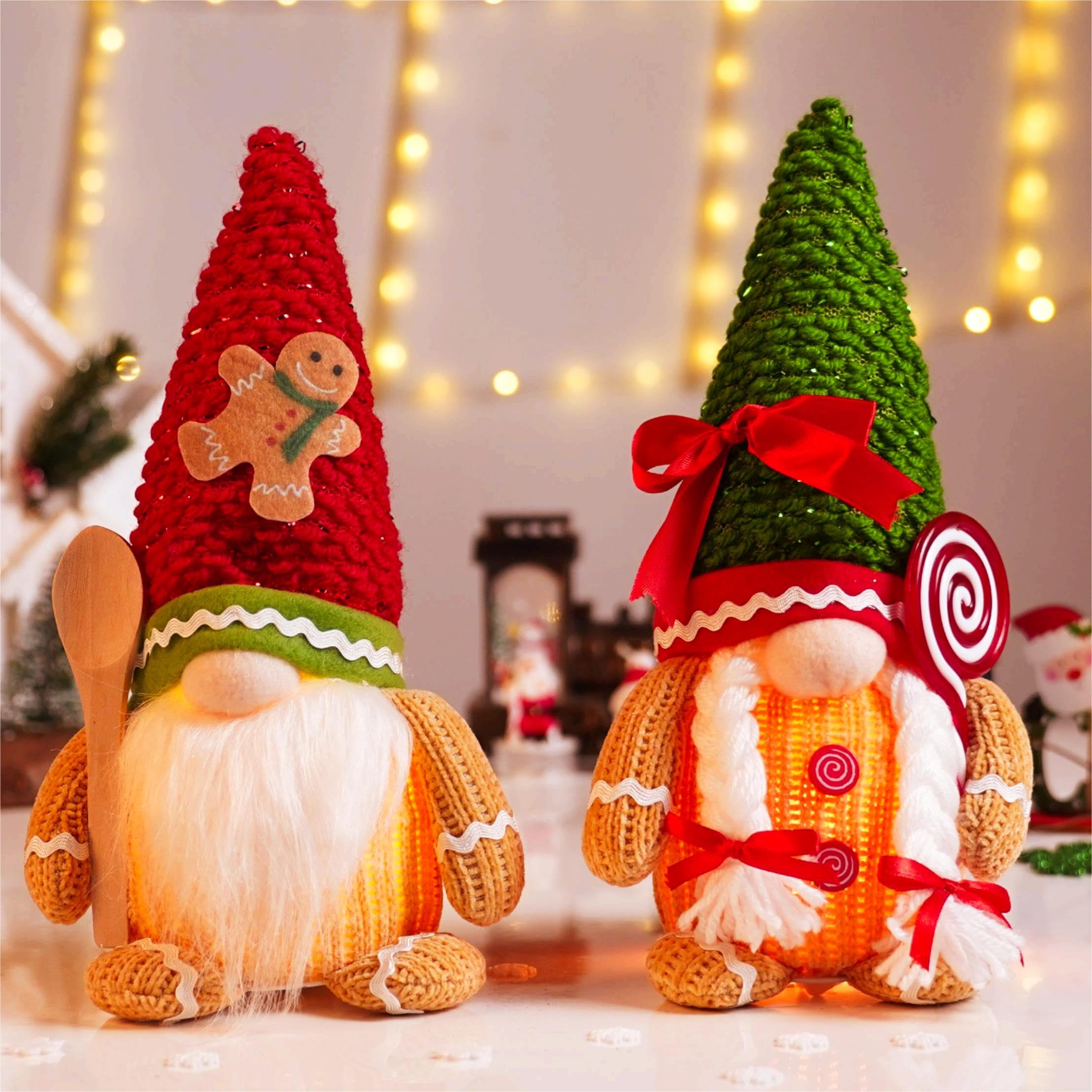 Lot De 3 Lutins De Noël Lumineux En Peluche - Décoration LED Avec Coffret Cadeau, Rouge Vert Gris