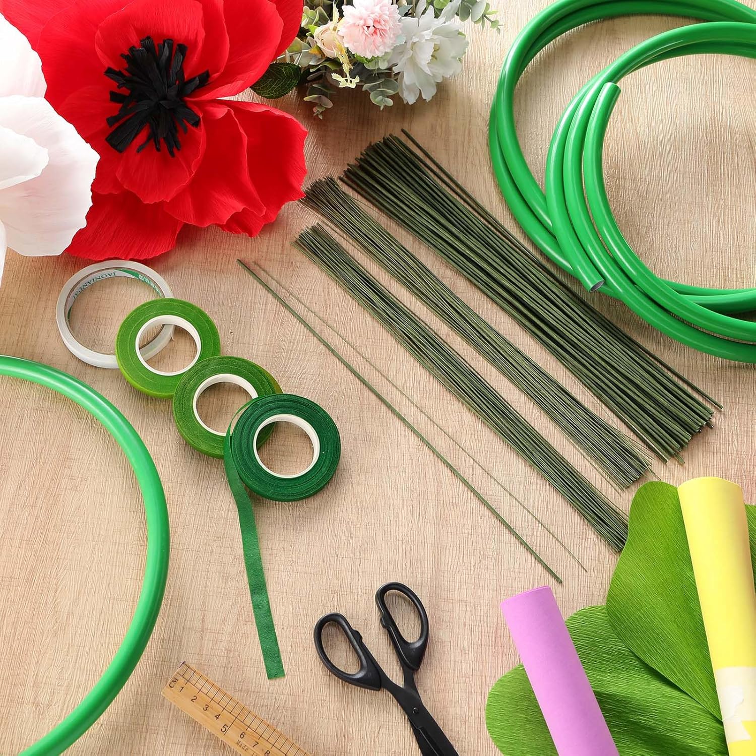 Tioncy 207 Pcs Giant Flowers Supplies, Include 3 Pcs 78.7 Inch Flexible PVC Pipe 200 Floral Stems Wire 4 Tape for Artificial Flowers Stem, Balloon Arches, Floral Wedding Decor, DIY Crafts
