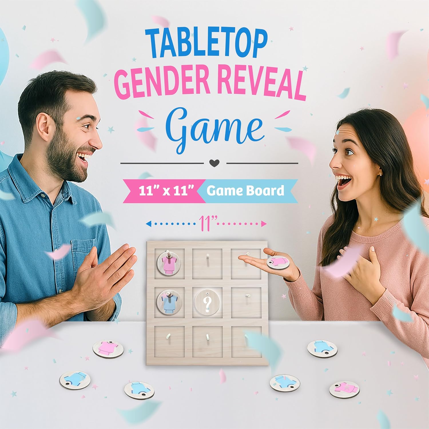 HonuGoGo Gender Reveal Tic Tac Toe Game, Cardboard Board with 10 Game Discs | 11 x 11 in Board with 10 Flip-to-Reveal Boy or Girl Discs - Gender Reveal Tic Tac Toe Game for Baby Showers & Parties