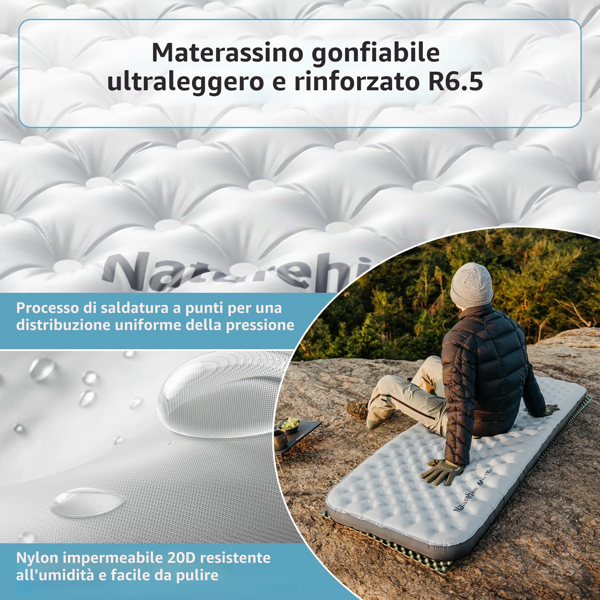 Naturehike Materassino gonfiabile 6.5R 186cm*58cm, Ultraleggero Campeggio Materasso, Durevole Materassino da Campeggio Portatile per Trekking Escursionismo