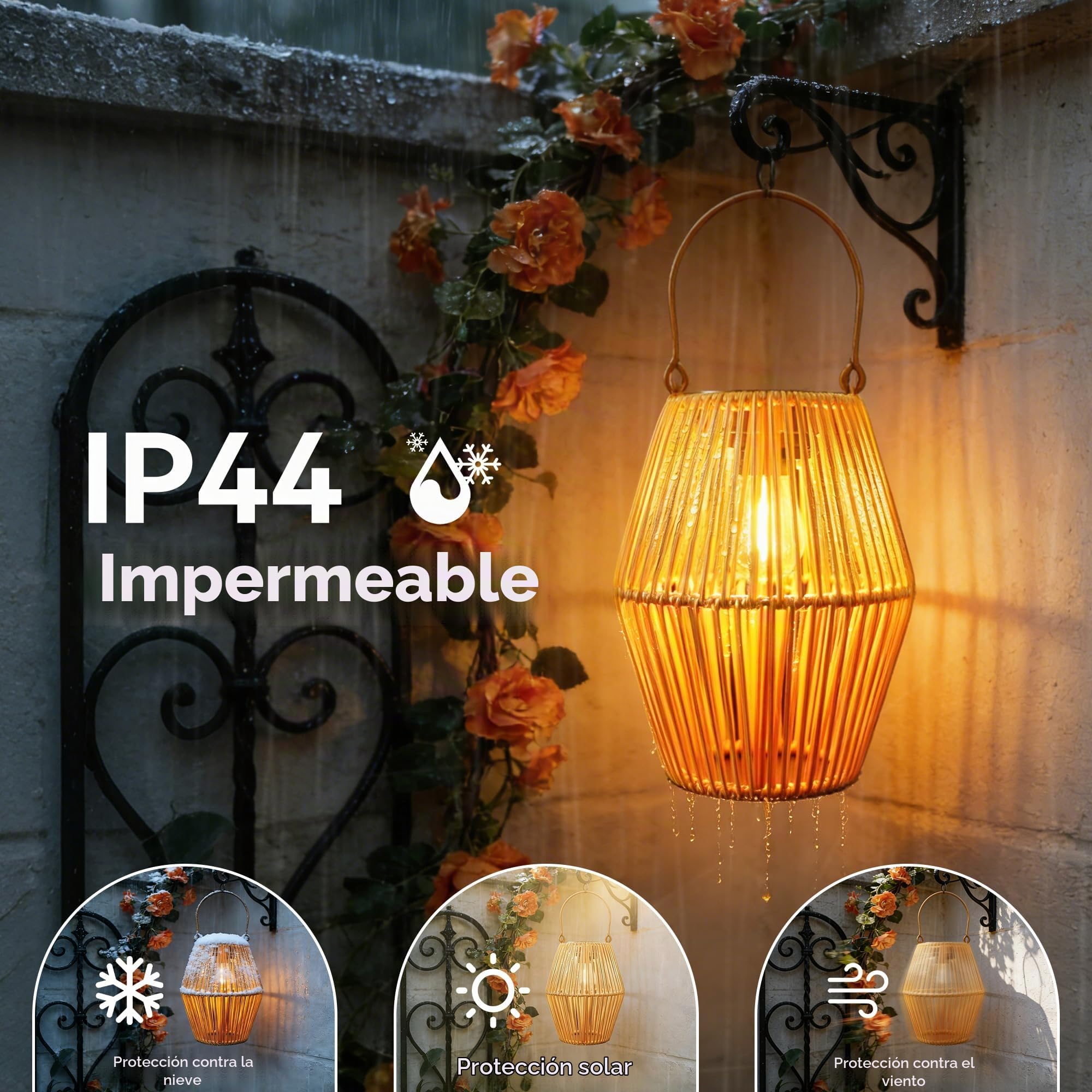 Ollny Solarlaterne para exteriores, 2 piezas luces solares de ratán estilo bohemio blanco cálido, impermeables colgantes y de pie, perfectas para decoración de jardín, balcón, terraza