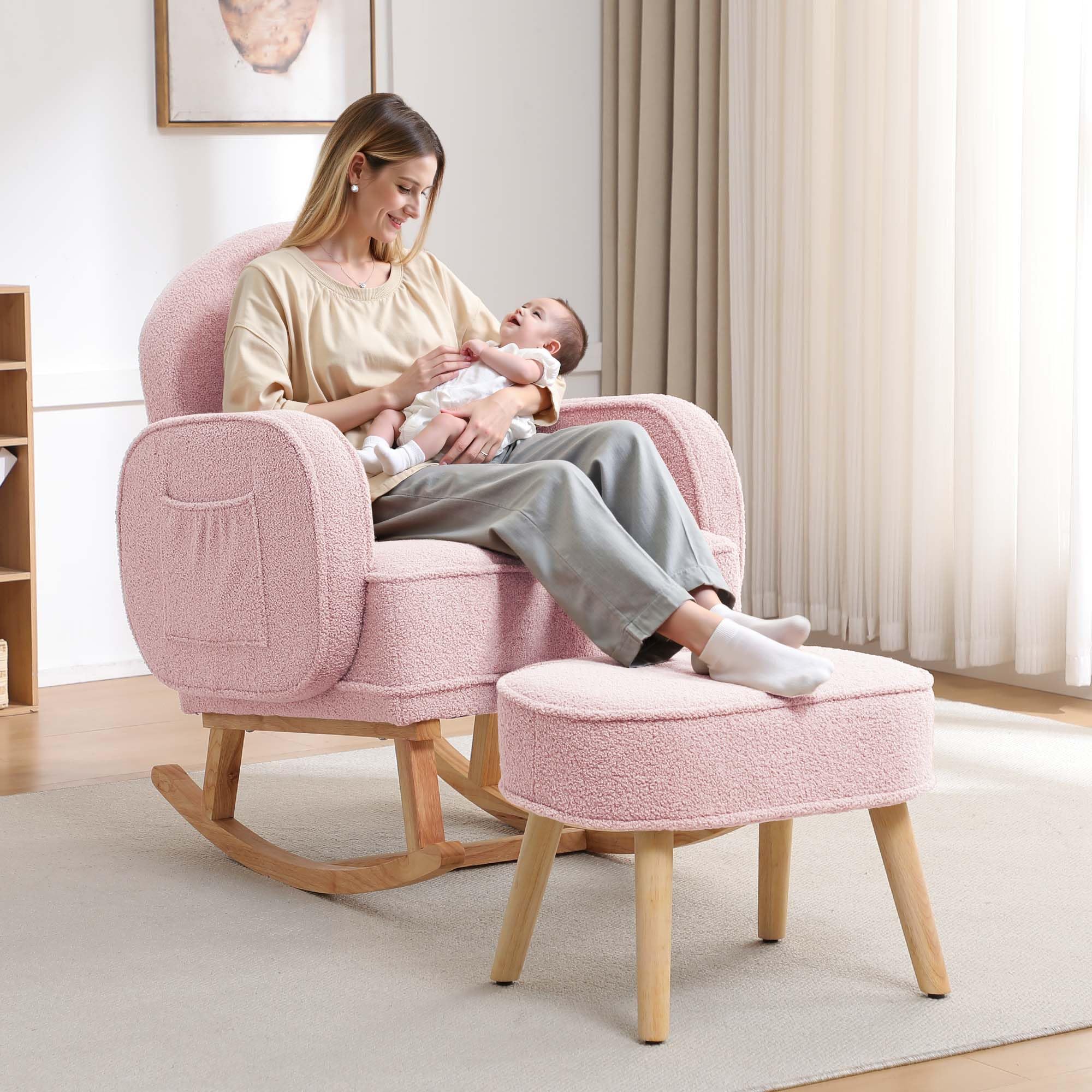 HCHAIRH Rocking Chair Nursery with Ottoman, Upholstered Glider Rocker with High Backrest and Side Pocket, Rocking Accent Armchair with Solid Wood Legs for Nursery/Living Room/Bedroom Pink