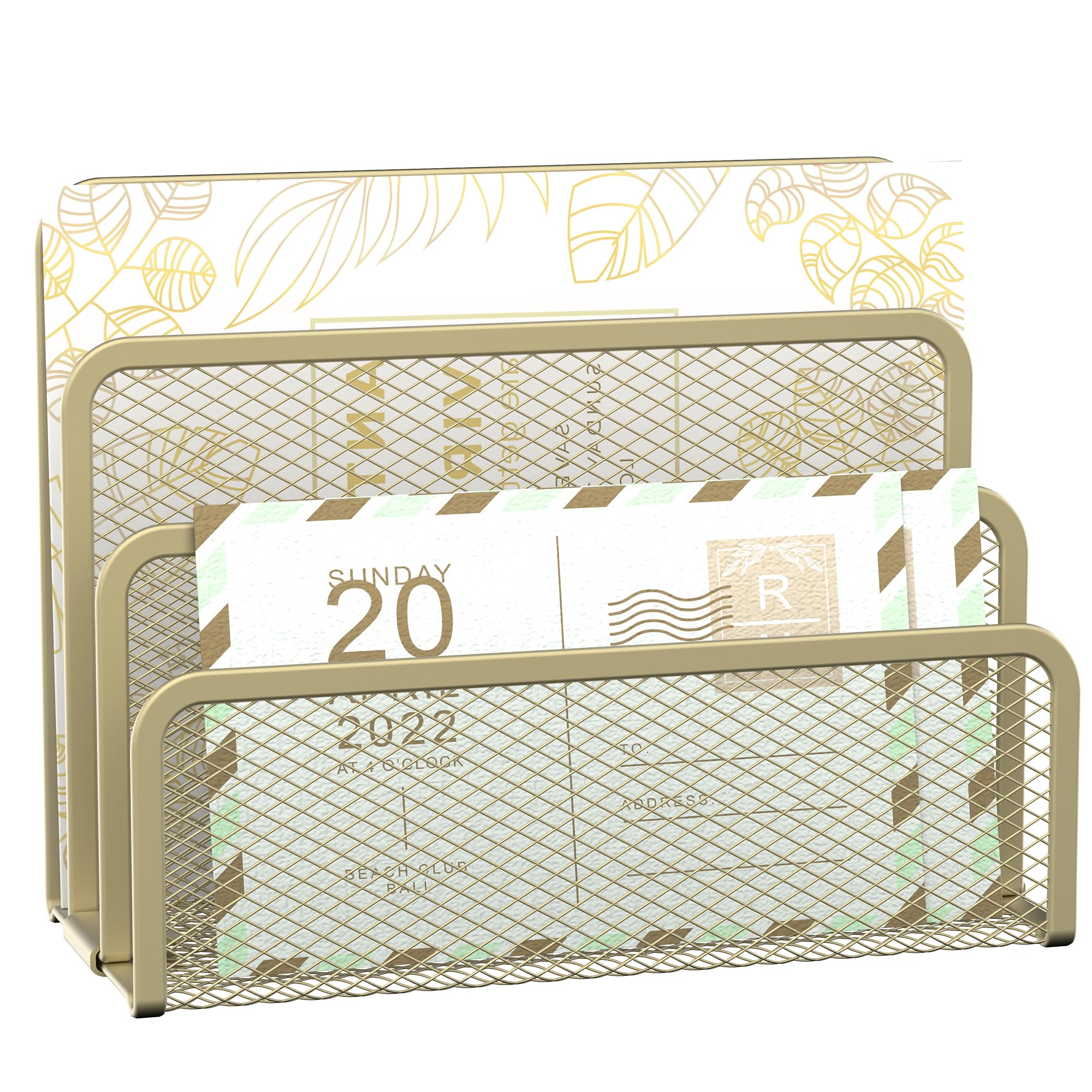 SUPEASY Mail Organizer, Desktop File Organizer - Metallic Lattice Container, 3 Slots, Letter Sorter - Archive, Office Envelope Organizer (Yellow)