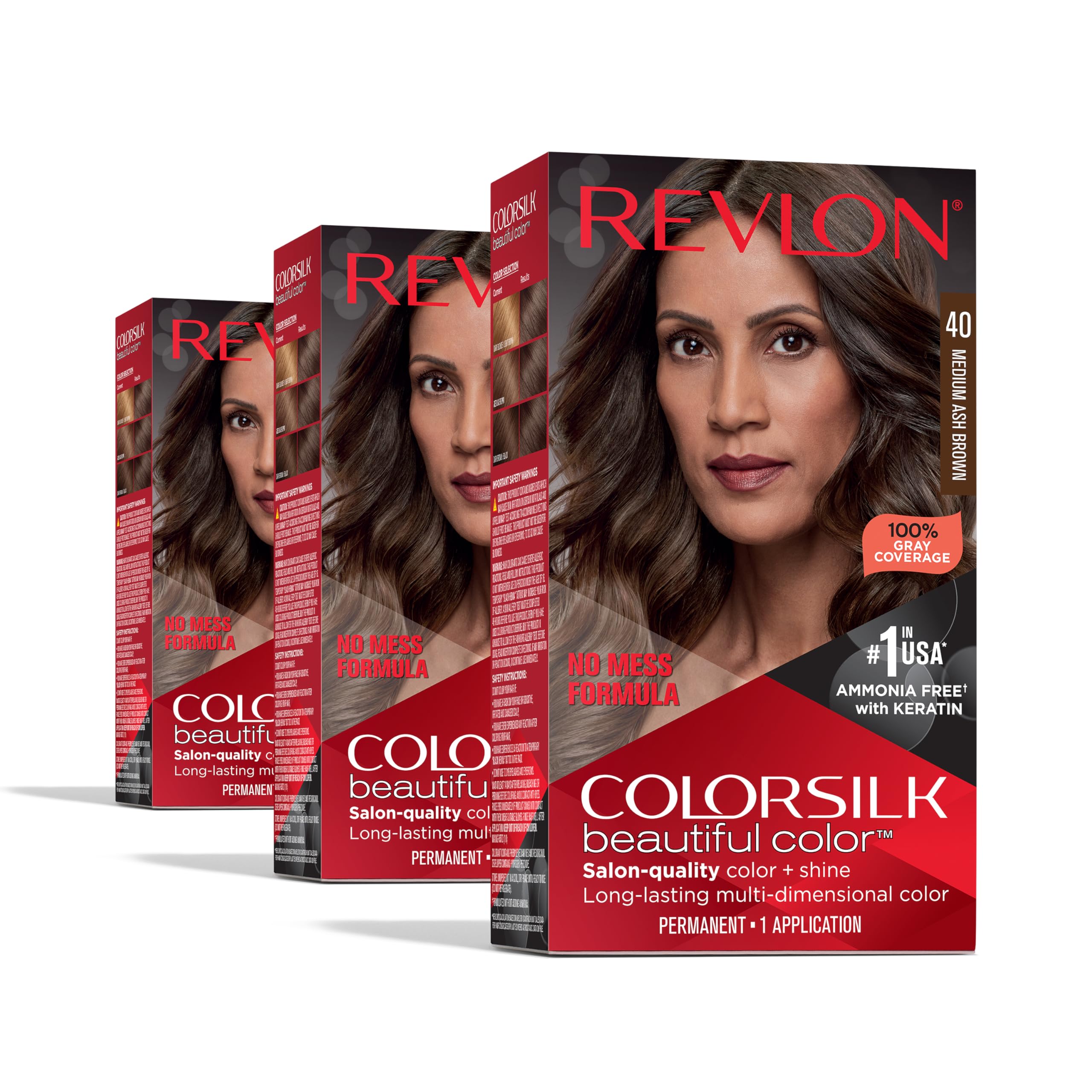 Revlon Colorsilk Beautiful Color, Medium Ash Brown, 3 Count