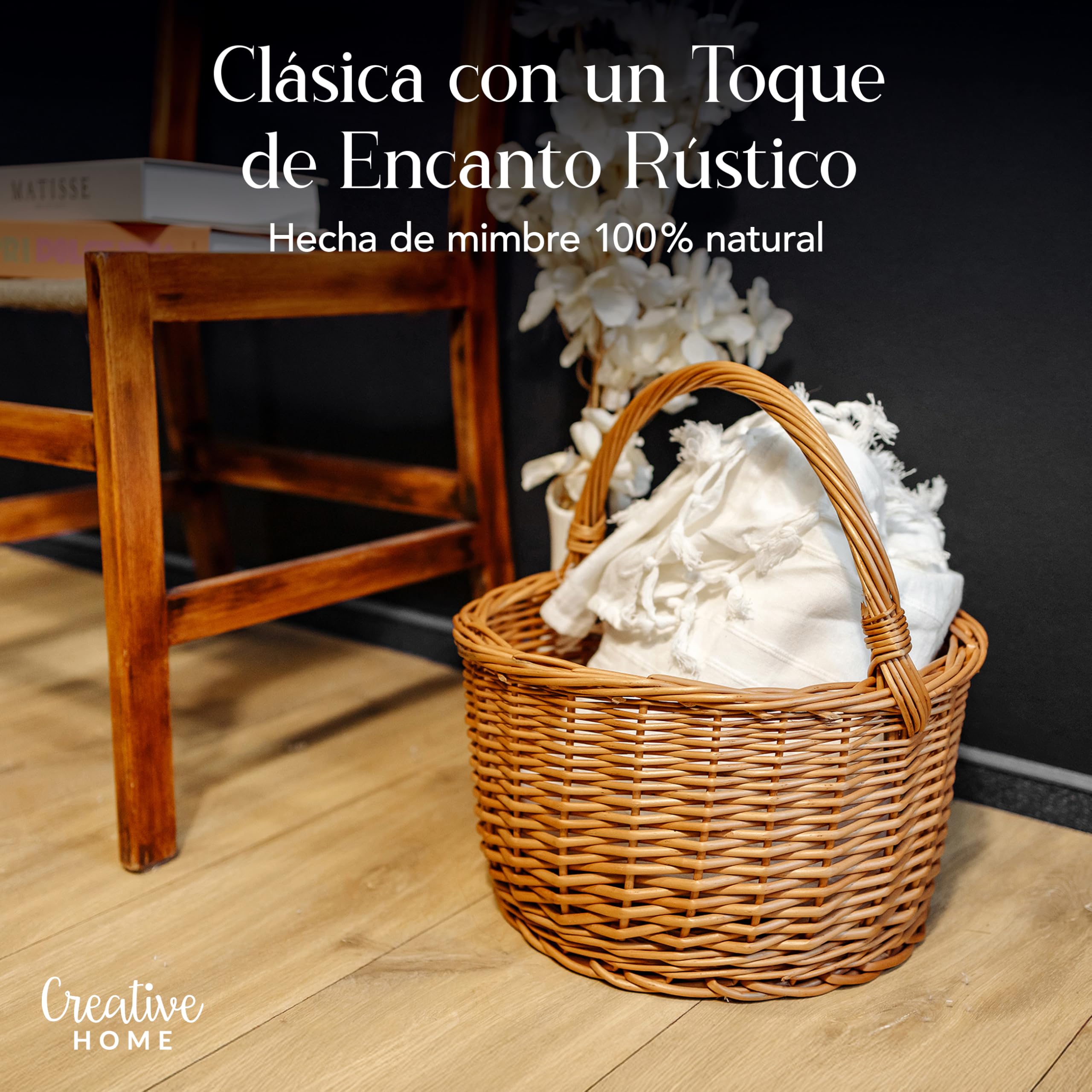 Creative Home Cesta de Mimbre con Asa | Color Marrón Natural 35x35x36cm | (+/-2cm) | Grande y Ligera | Tejida a Mano | Cesta de Regalo, Picnic, Fruta Almacenaje Decoración | Práctica y Duradera