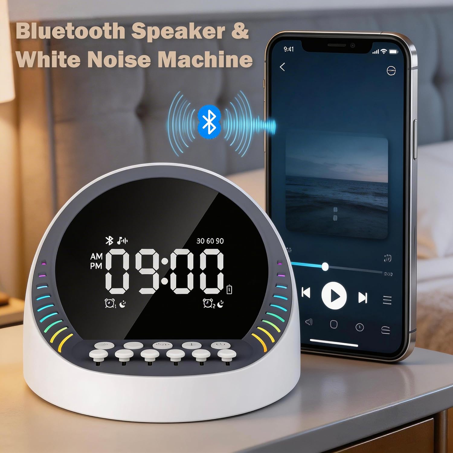 White Noise Sound Machine with Bluetooth Speaker, 6 Mixable Nature Sounds & 6-Color Night Light, Alarm Clock, Sleep Timer for Adults, Kids, Baby Sleeping, Bedroom, Office