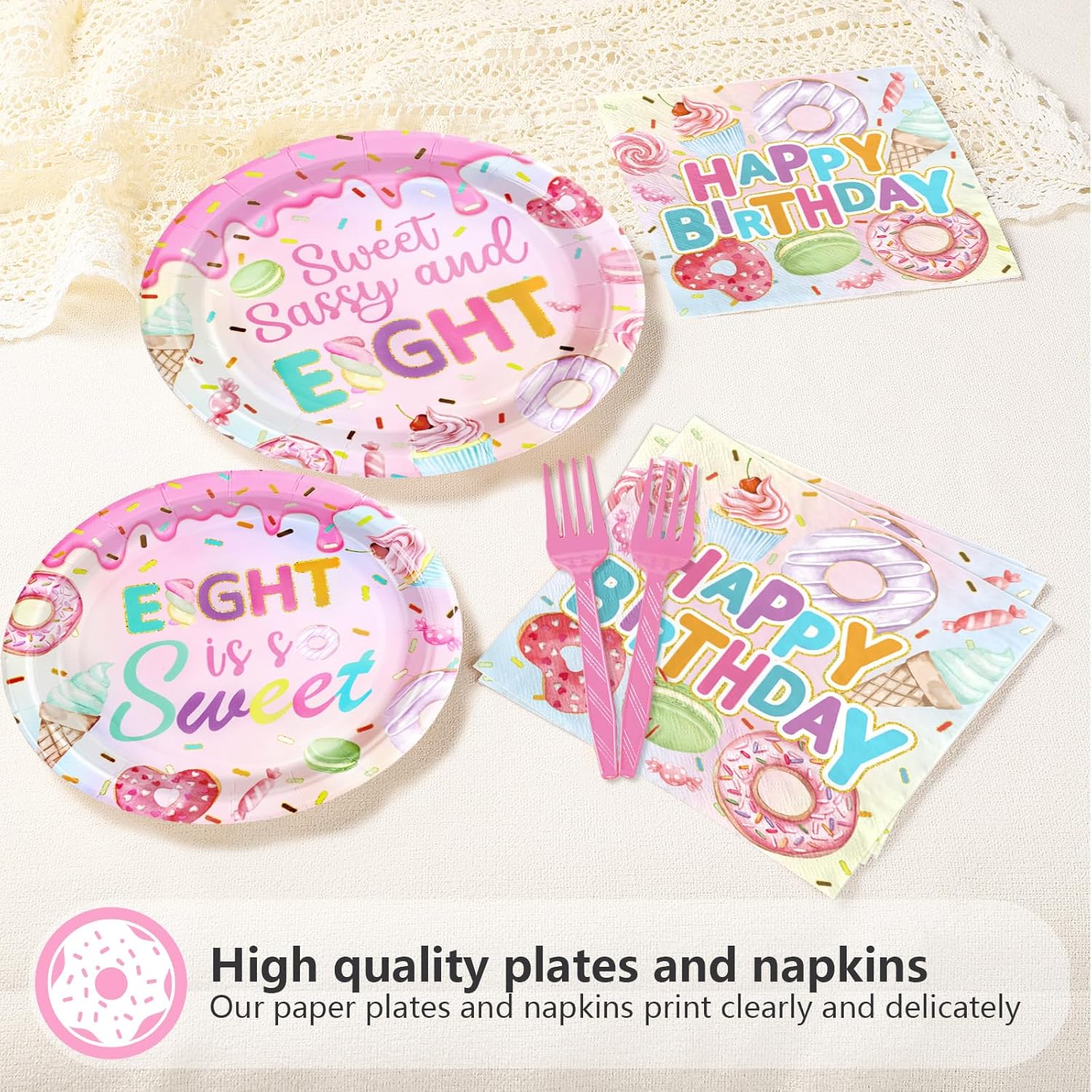 96 Pcs Sweet Sassy and 8 Birthday Decorations Donut 8th Birthday Party Decorations for Girls Colorful Donut Plates and Napkins 8 Years Old Disposable Party Supplies Serves 24