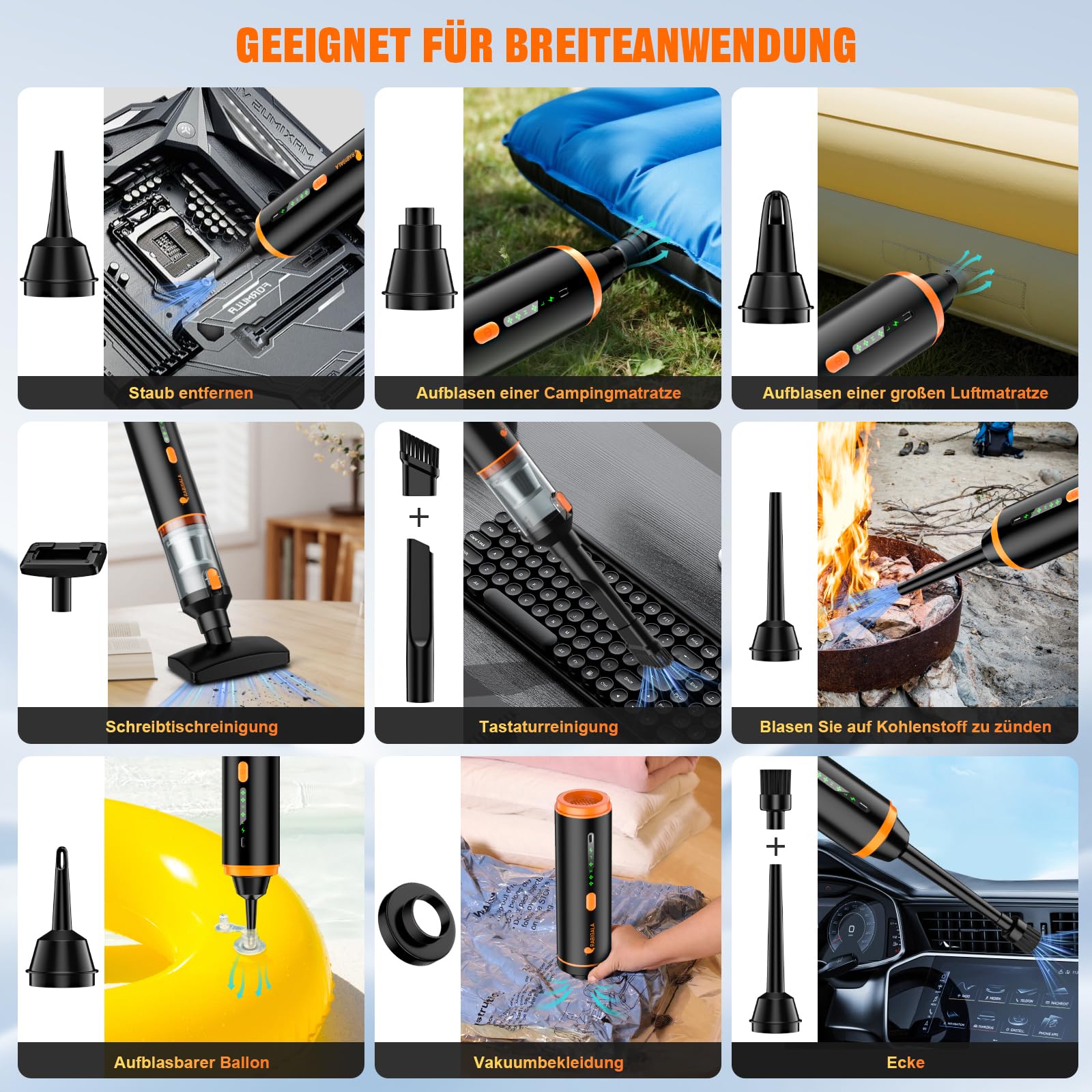 RABIGALA Handstaubsauger Akku 4-in-1, 30000PA Auto Staubsauger Stark mit hoher Leistung, Autostaubsauger Akku Testsieger, 3-Gang 280000 U/min Handstaubsauger Kabellos für Auto, Bürotisch, Tastaturen