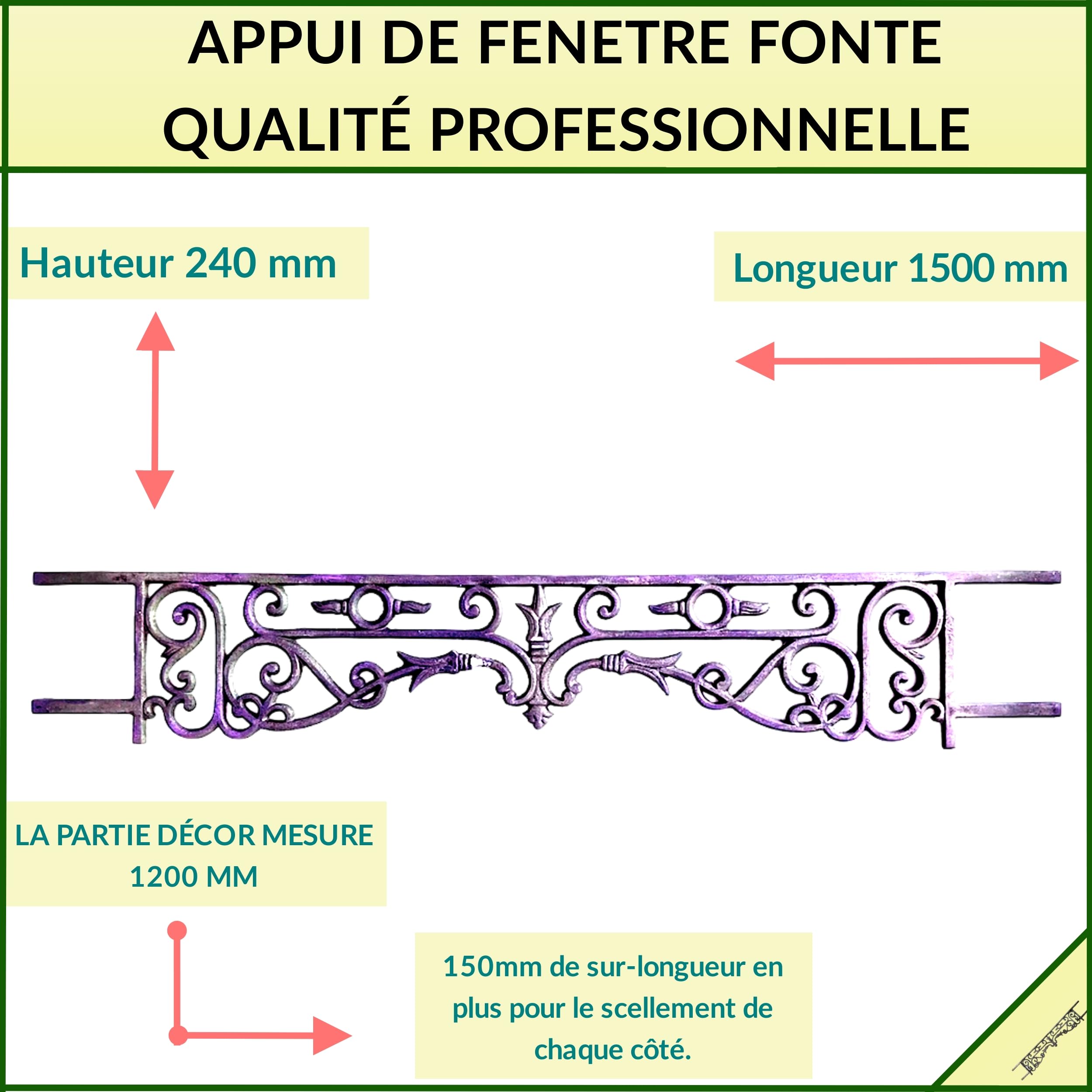 Déco fer Forgé- APPUI DE FENETRE- ADESTOCKFONTE2026- Grille Protection à Sceller 1500 mm x 240 mm-Porte Balcon Fenetres- Garde Corps Carré diam 16 mm- Style Haussmannien Exterieur Utilisation Facile