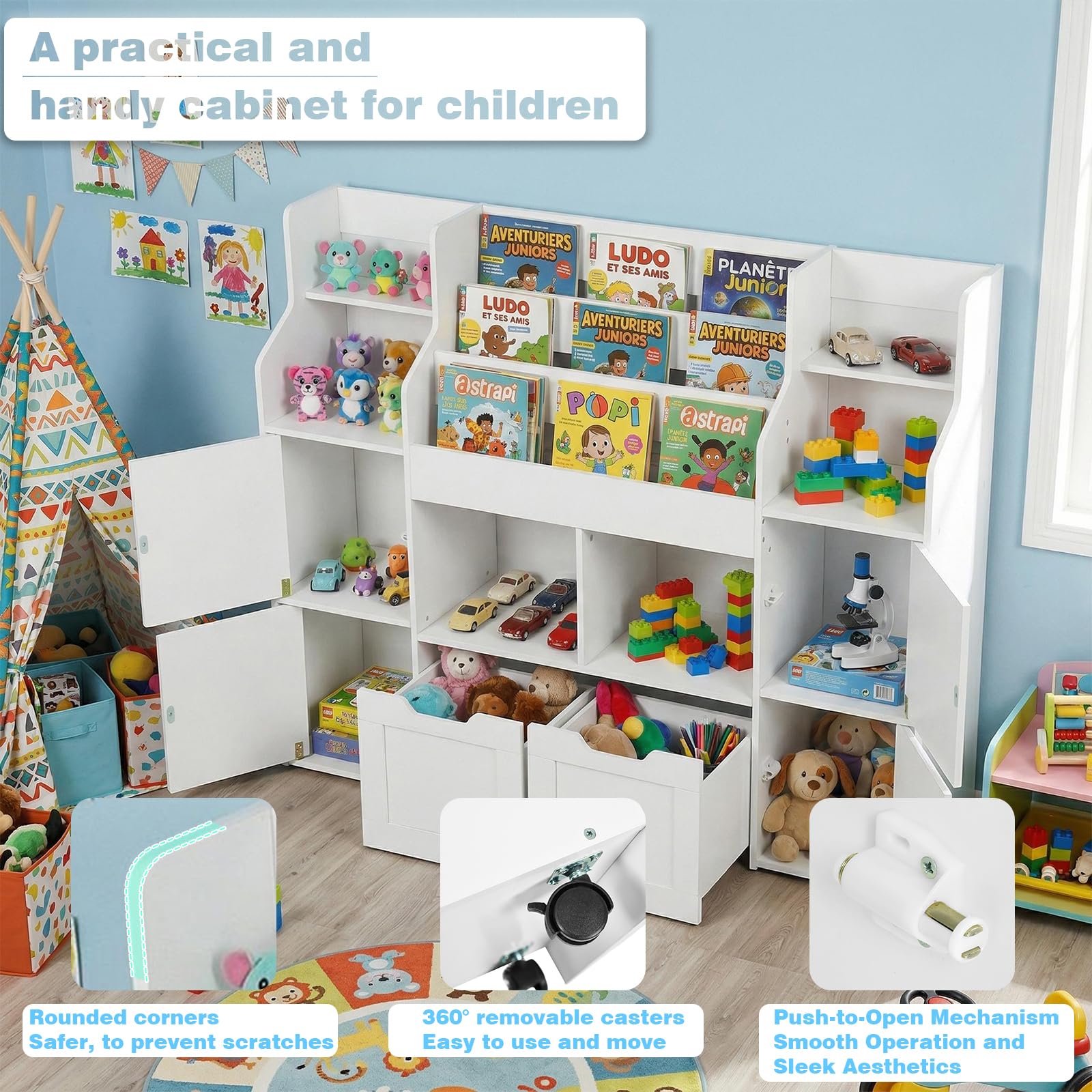 Mobile Porta Giochi, Libreria Montessoriana per Bambini a 6 Scomparti Aperti e 4 Ante, Mobile Giochi a 2 Cassetti su Ruote, per Cameretta e Stanza dei Giochi, 122x30x100cm Bianco