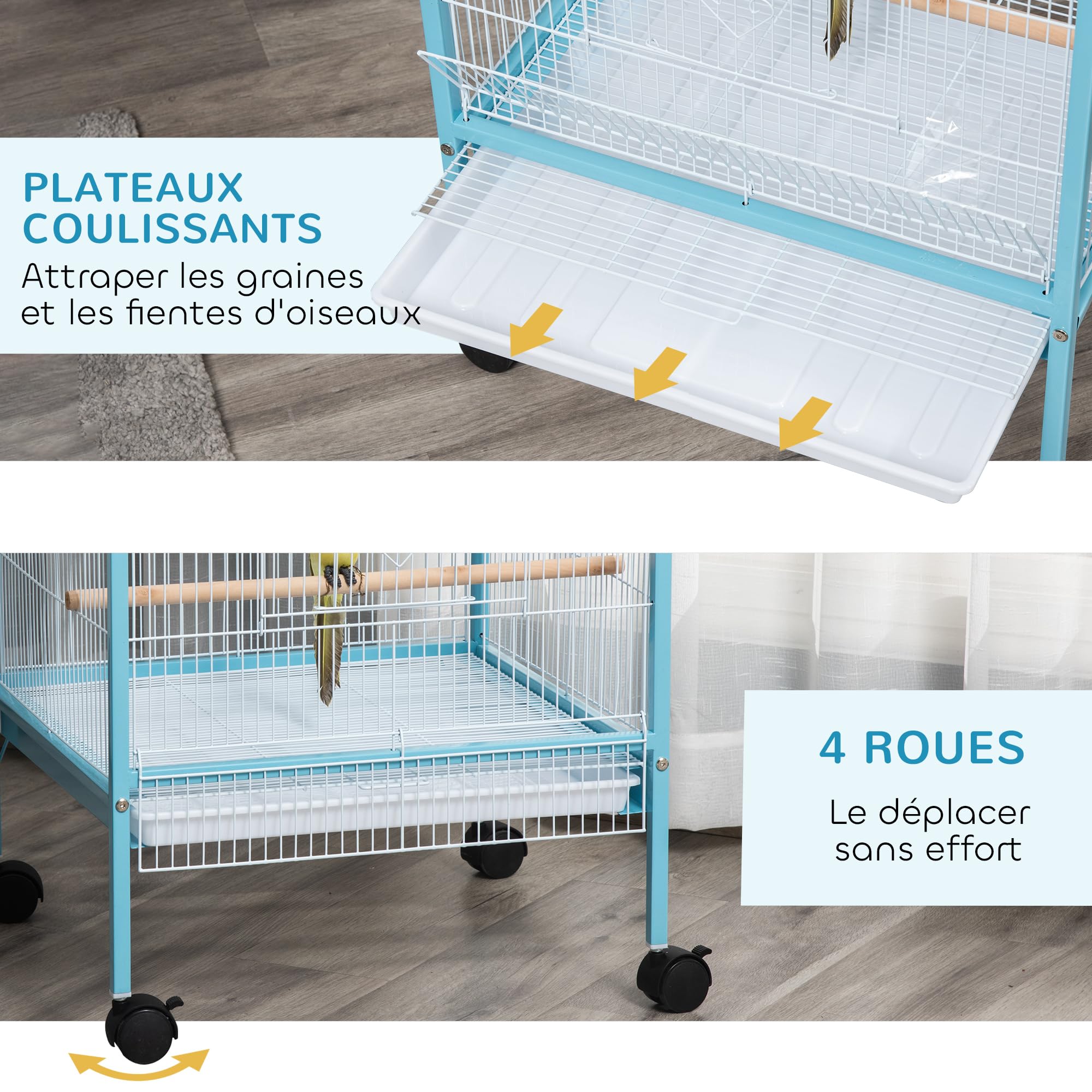 PawHut Grande Cage à Oiseaux sur Pied Volière Double avec Mangeoires Perchoirs Plateau Amovible Roulettes 51,5 x 50 x 140 cm Bleu Clair